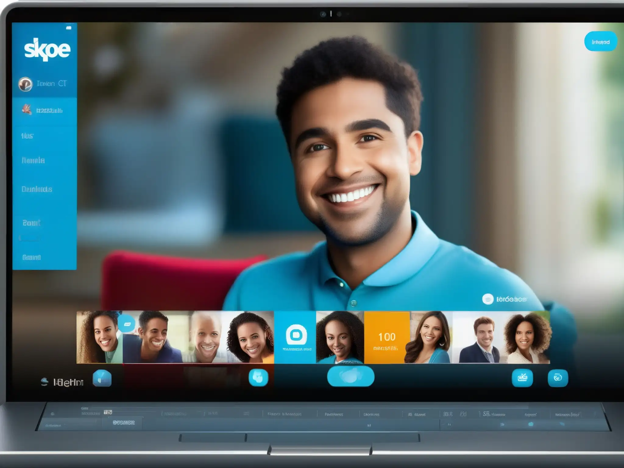 Interfaz de usuario de Skype: Diseño intuitivo y moderno Interfaz de usuario de Skype con diseño intuitivo y moderno, destacando la experiencia del usuario en videoconferencias