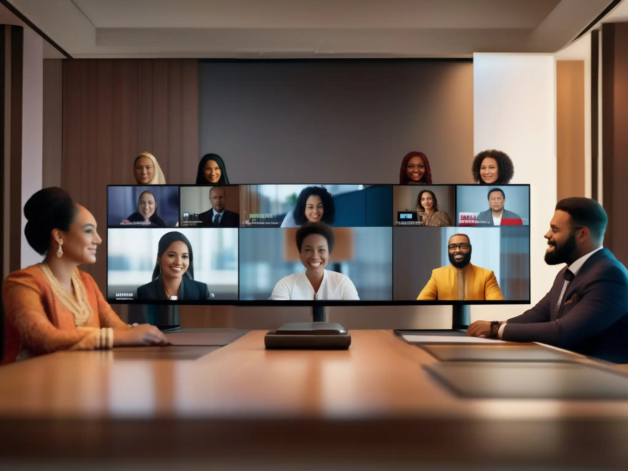 Videoconferencia cultural: diversidad en alta definición Interfaz de videoconferencia adaptativa con representantes de diversas culturas en atuendos tradicionales, mostrando inclusividad y adaptabilidad