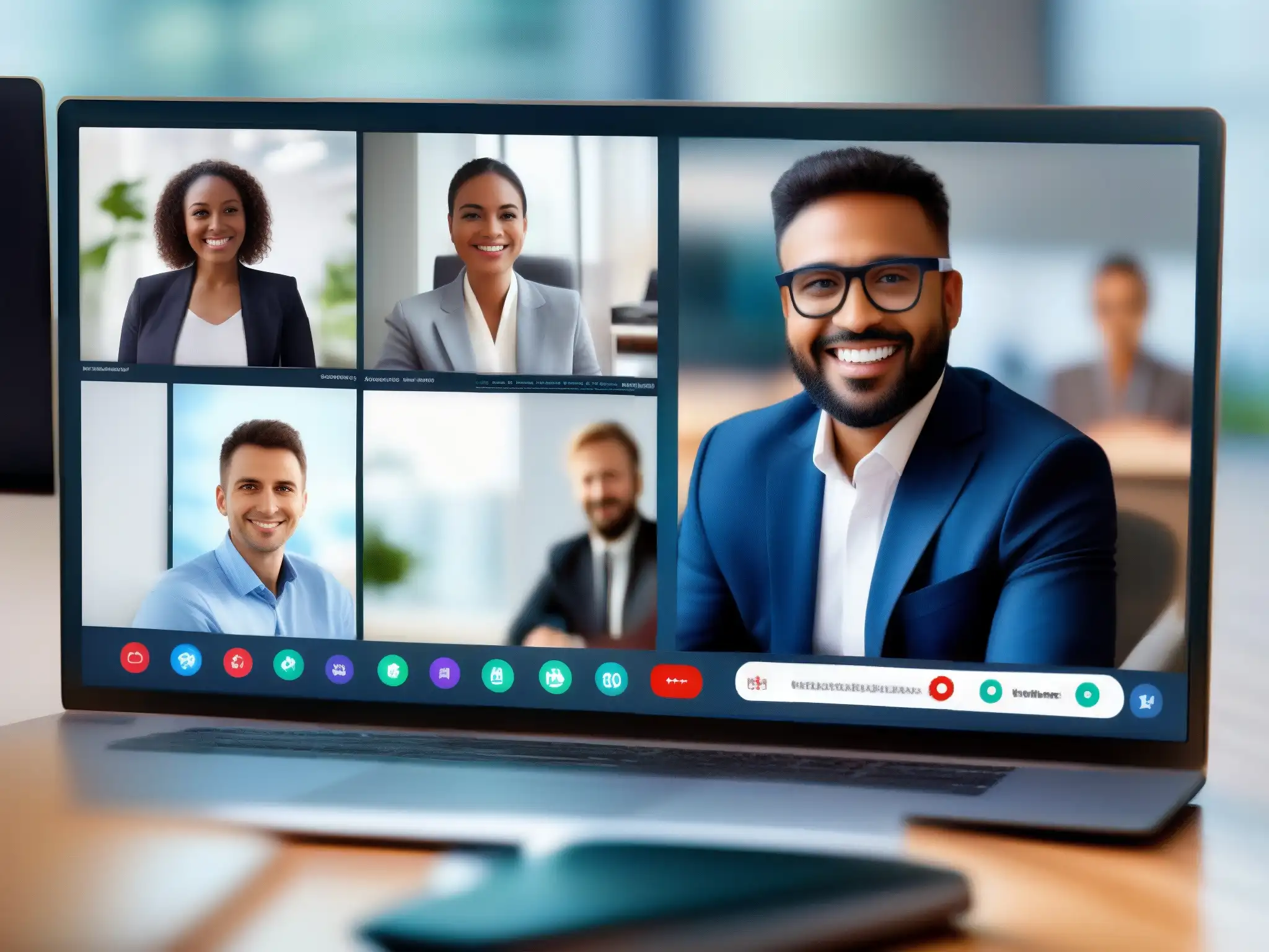 Análisis de datos de videoconferencia en 8k Interfaz de videoconferencia con análisis de recolección de datos en una atmósfera profesional y educativa