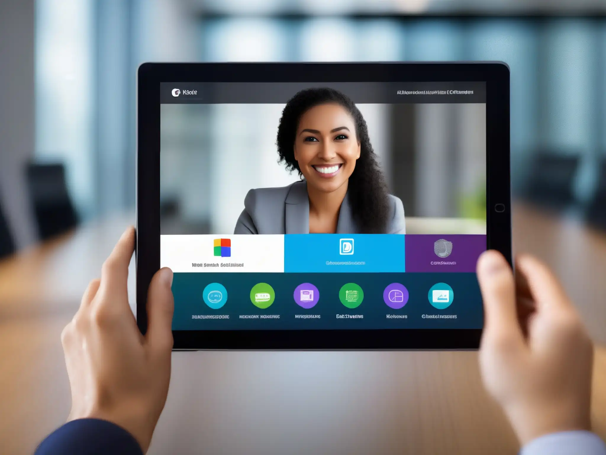 Interfaz de videoconferencia moderna en tablet para entrenamiento virtual Interfaz de videoconferencia automatizada para formación a distancia en tablet