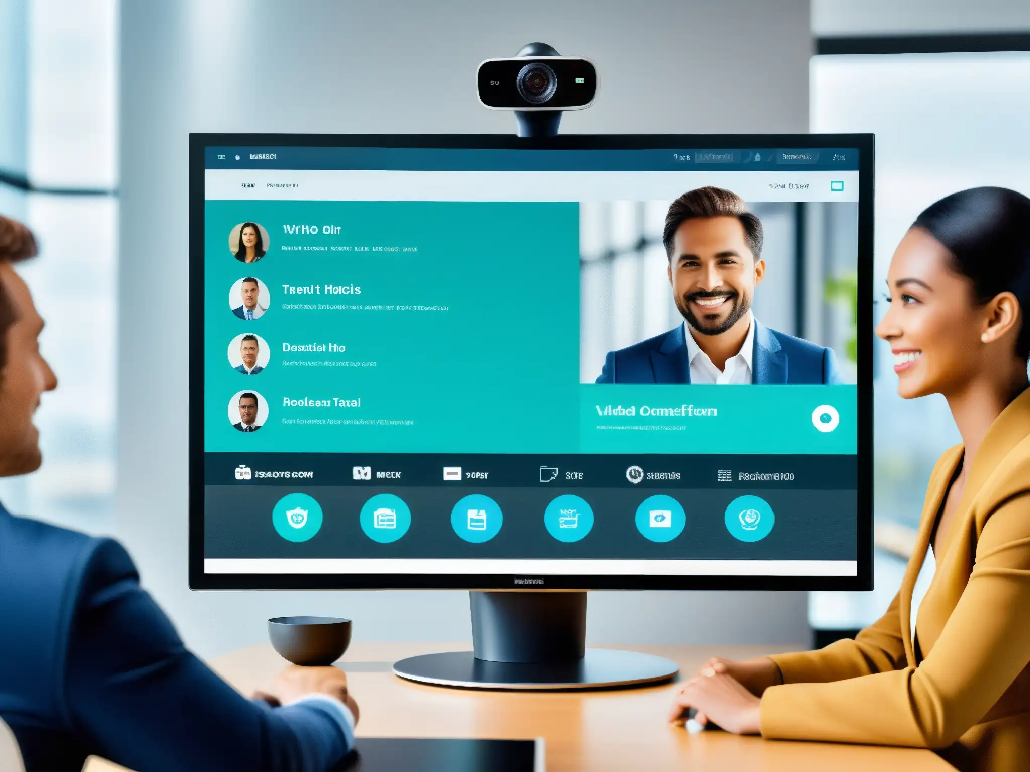 Interfaz virtual futurista para videoconferencias personalizables Una interfaz de videoconferencia avanzada con diseño futurista y personalización de elementos, ideal para fines profesionales y educativos