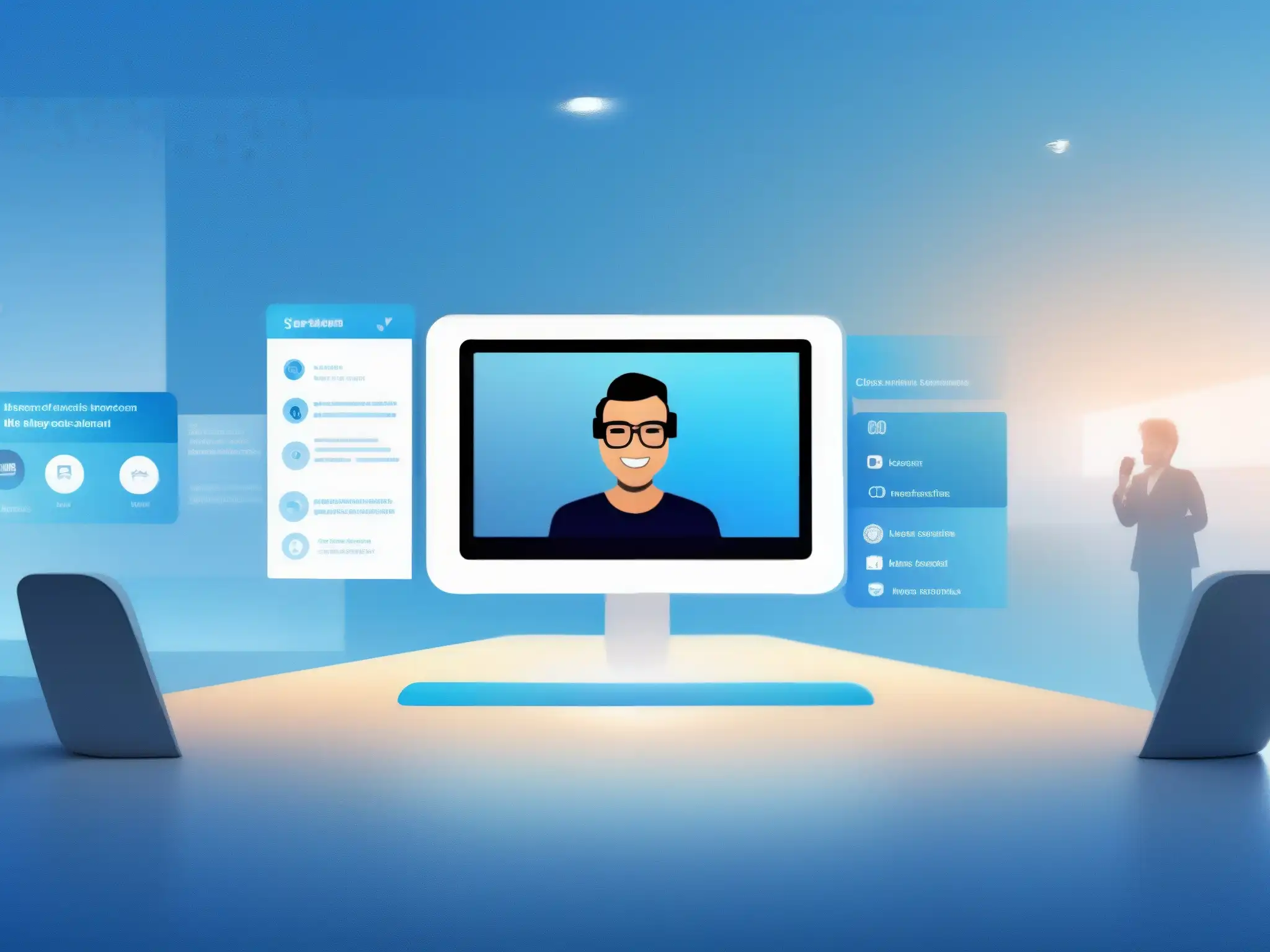 Interfaz de videoconferencia moderna y personalizable Interfaz de videoconferencia avanzada con personalización y diseño profesional en tonos azules y blancos