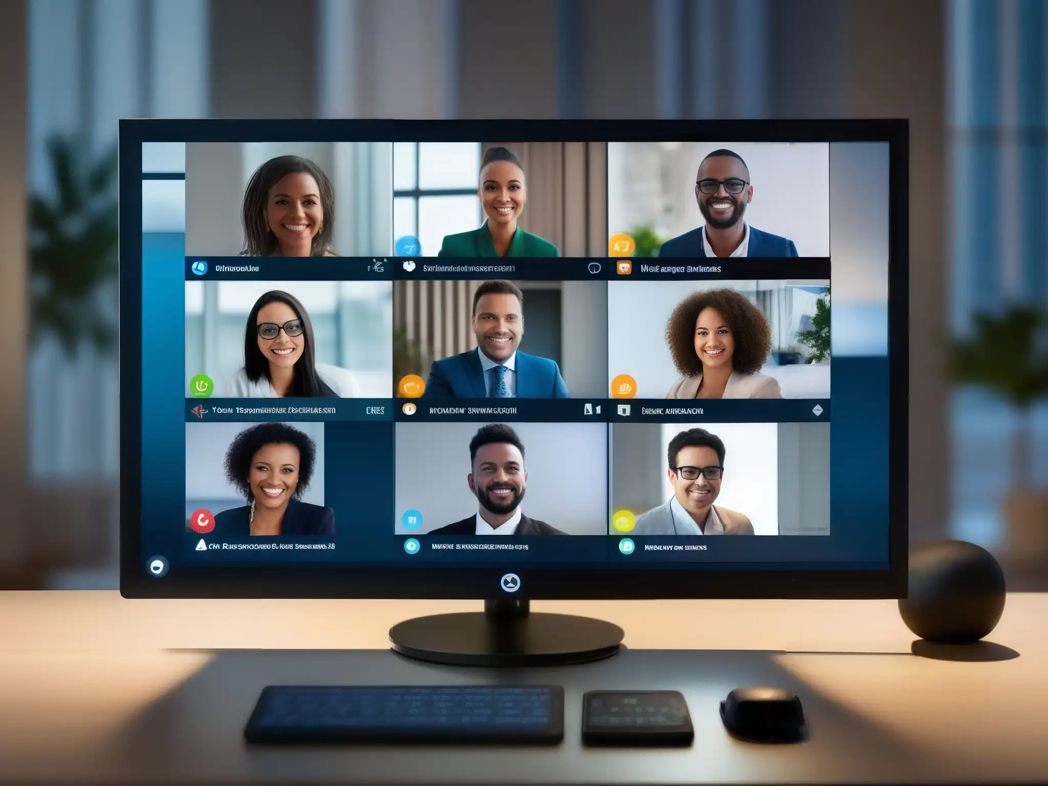 Interfaz de videoconferencia de alta definición: tecnología de vanguardia Una interfaz de videoconferencia de alta definición, con controles nítidos y participantes claros
