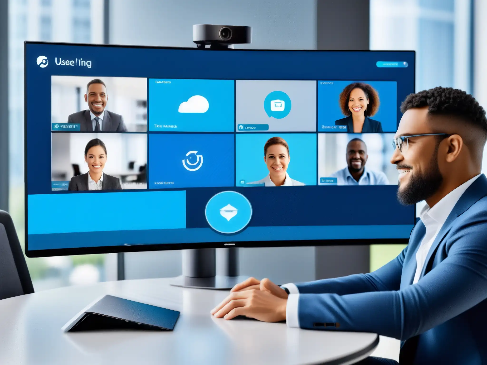 Videoconferencia futurista con avatares personalizados y análisis de datos en tiempo real Interfaz de videoconferencia futurista con avatares personalizados y algoritmos de machine learning, optimizando la experiencia del usuario en un entorno de oficina moderno y elegante