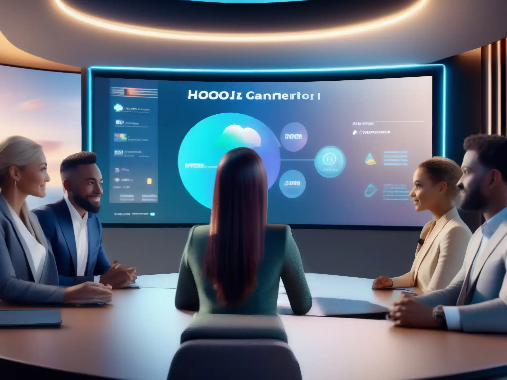 Interfaz de videoconferencia futurista en 8k con hologramas y gamificación Interfaz de videoconferencia futurista con gamificación y avatares profesionales