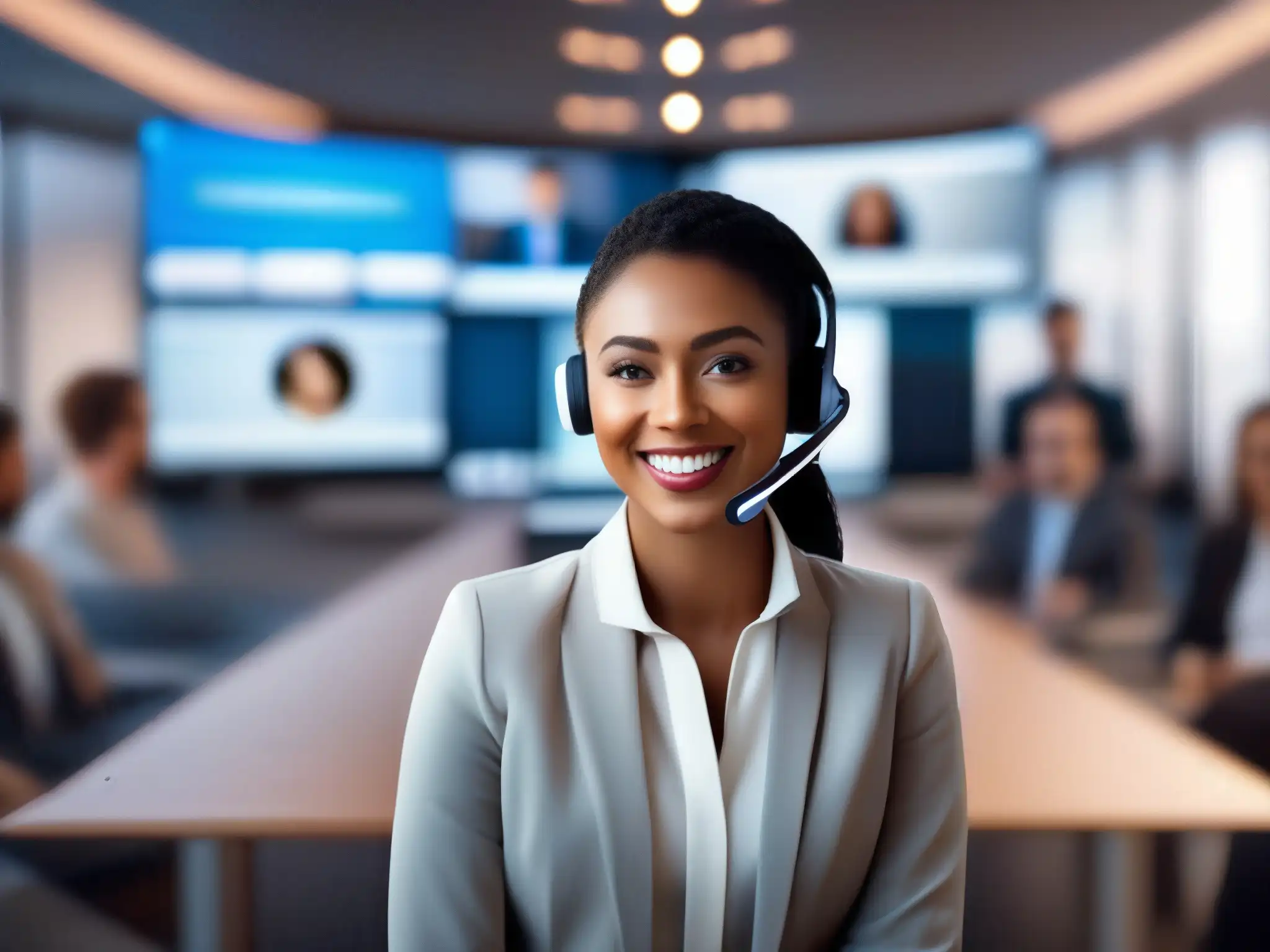 Interfaz futurista de videoconferencia con IA avanzada Interfaz de videoconferencia futurista con IA: traducción en tiempo real, reconocimiento facial y cancelación de ruido inteligente