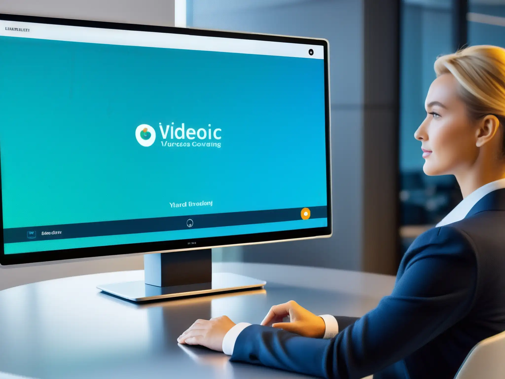 Interfaz de videoconferencia futurista: diseño minimalista y controles avanzados para colaboración virtual eficiente Interfaz de videoconferencia futurista con usabilidad avanzada y diseño minimalista, para una experiencia dinámica y eficiente