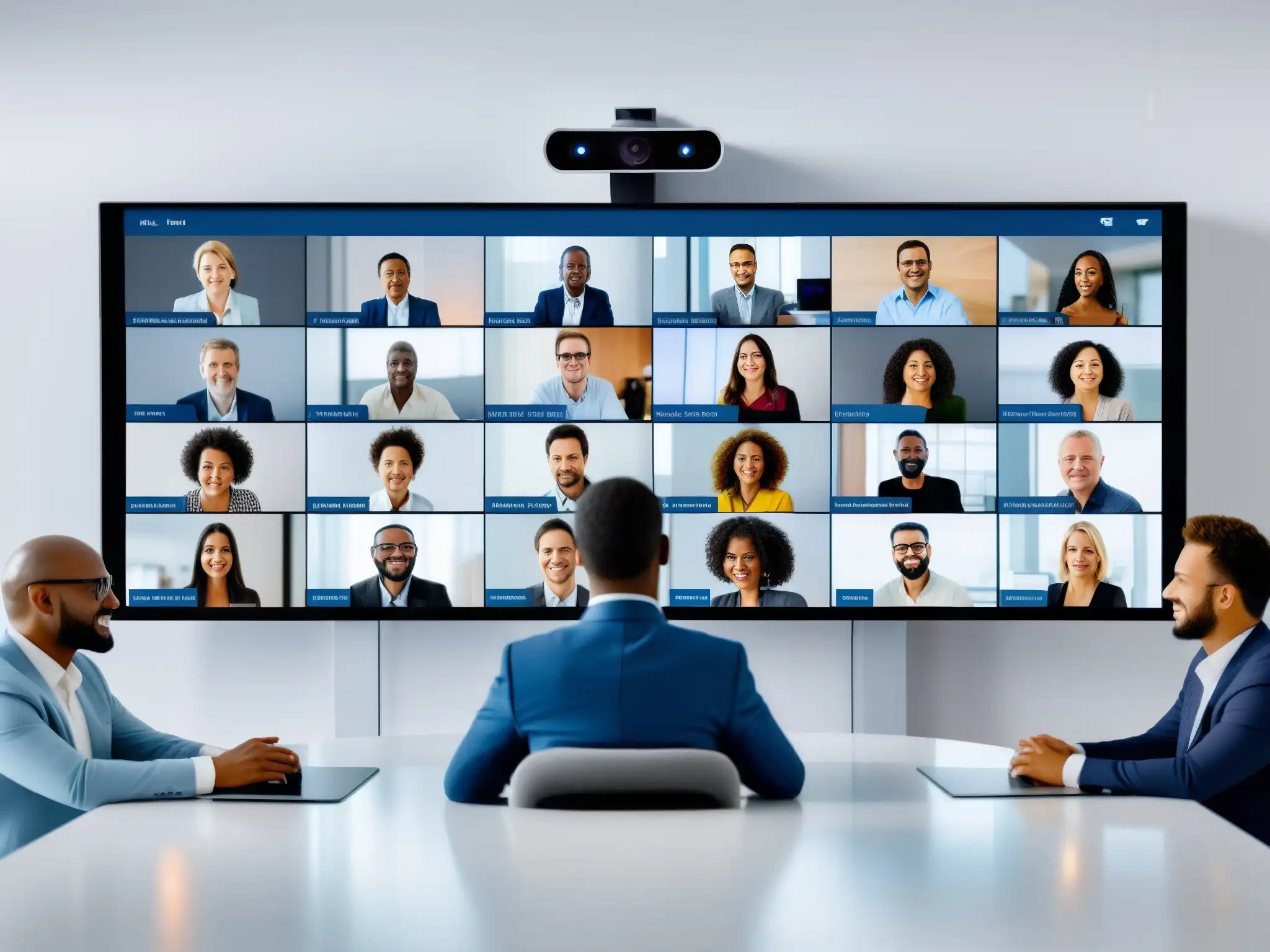 Conferencia virtual profesional: conectividad y colaboración en HD Una interfaz de videoconferencia minimalista con alta definición y conectividad