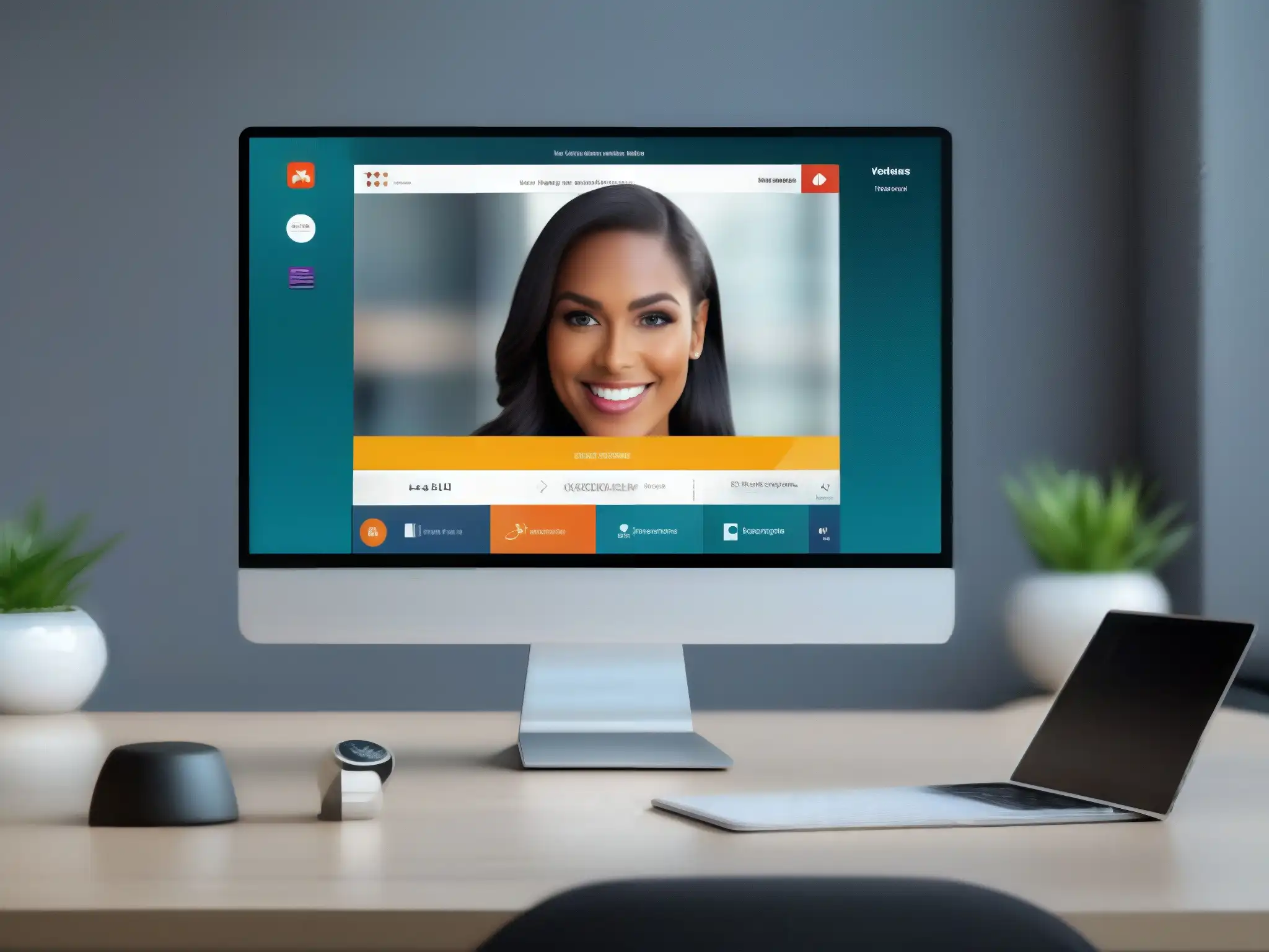 Interfaz de videoconferencia personalizable para marcas Una interfaz de videoconferencia minimalista y elegante con personalización de marca, transmitiendo profesionalismo y modernidad