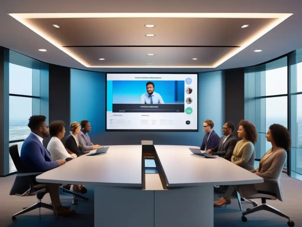 Plataforma de videoconferencias de alta tecnología para discusiones profesionales y educativas Interfaz de videoconferencia moderna y de alta tecnología, con múltiples ventanas mostrando videollamadas de alta definición