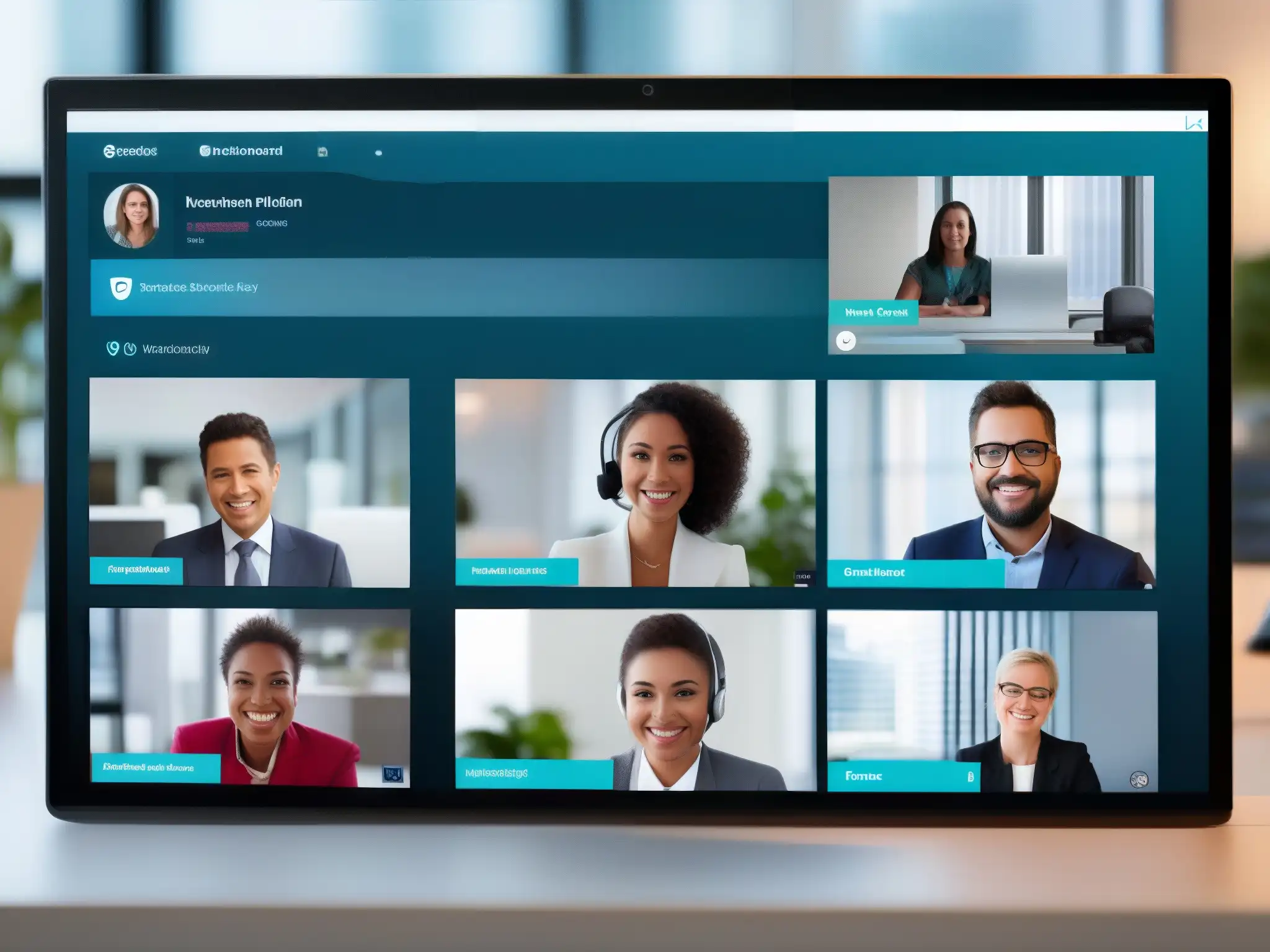 Videoconferencia profesional: Interfaz moderna y datos Interfaz de videoconferencia moderna con análisis de recolección de datos en un entorno profesional bien iluminado