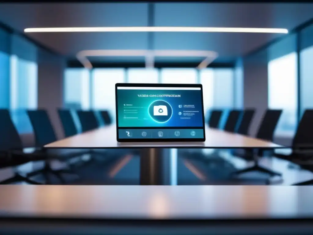 Interfaz de videoconferencia segura y profesional en dispositivo futurista Una interfaz de videoconferencia moderna en un dispositivo futurista, resaltando protocolos de encriptación, privacidad y seguridad