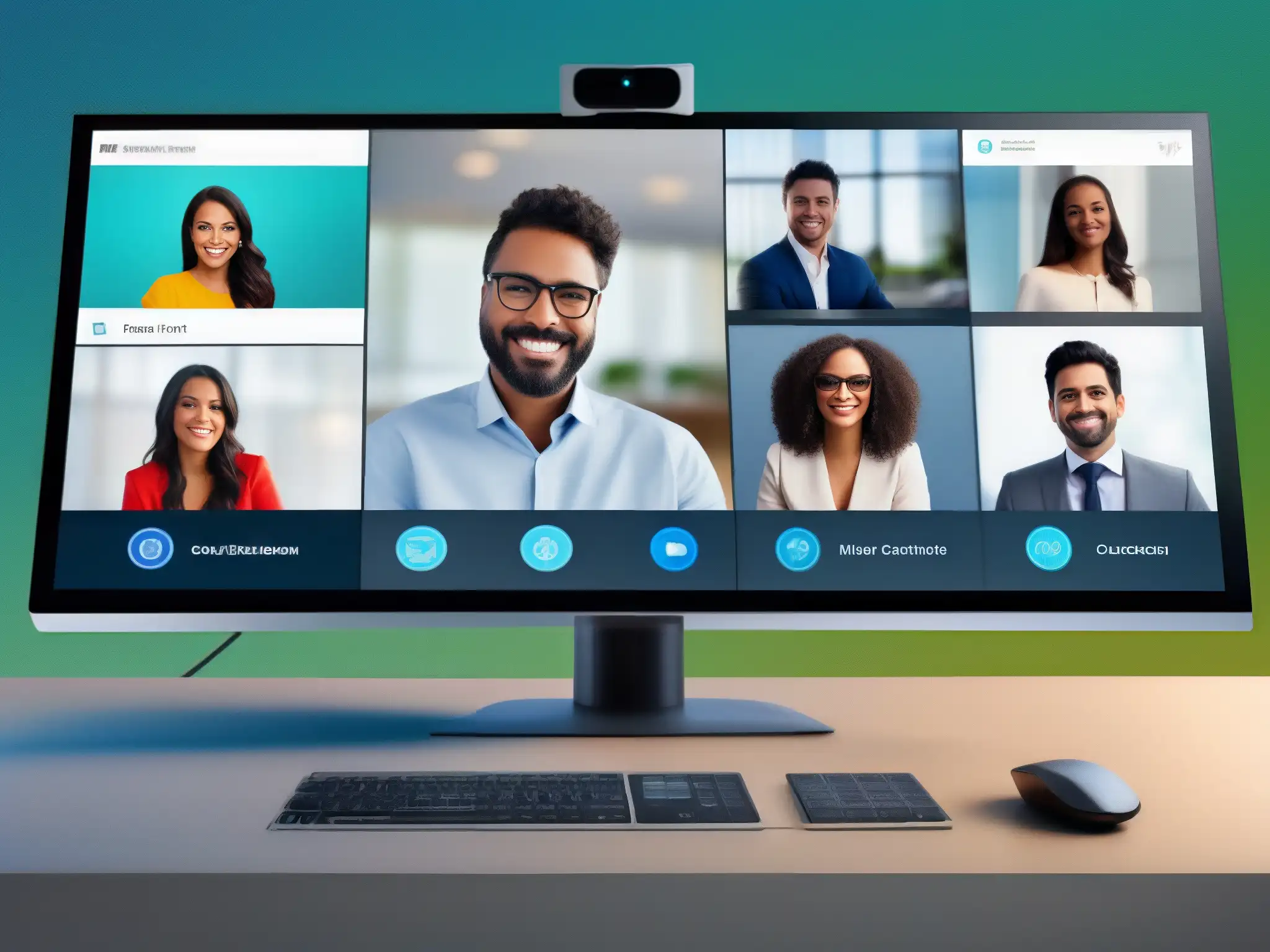 Interfaz de videoconferencia elegante con iconos intuitivos en pantalla HD Interfaz de videoconferencia moderna con iconos intuitivos en pantalla de alta definición, reflejando sofisticación y facilidad de uso