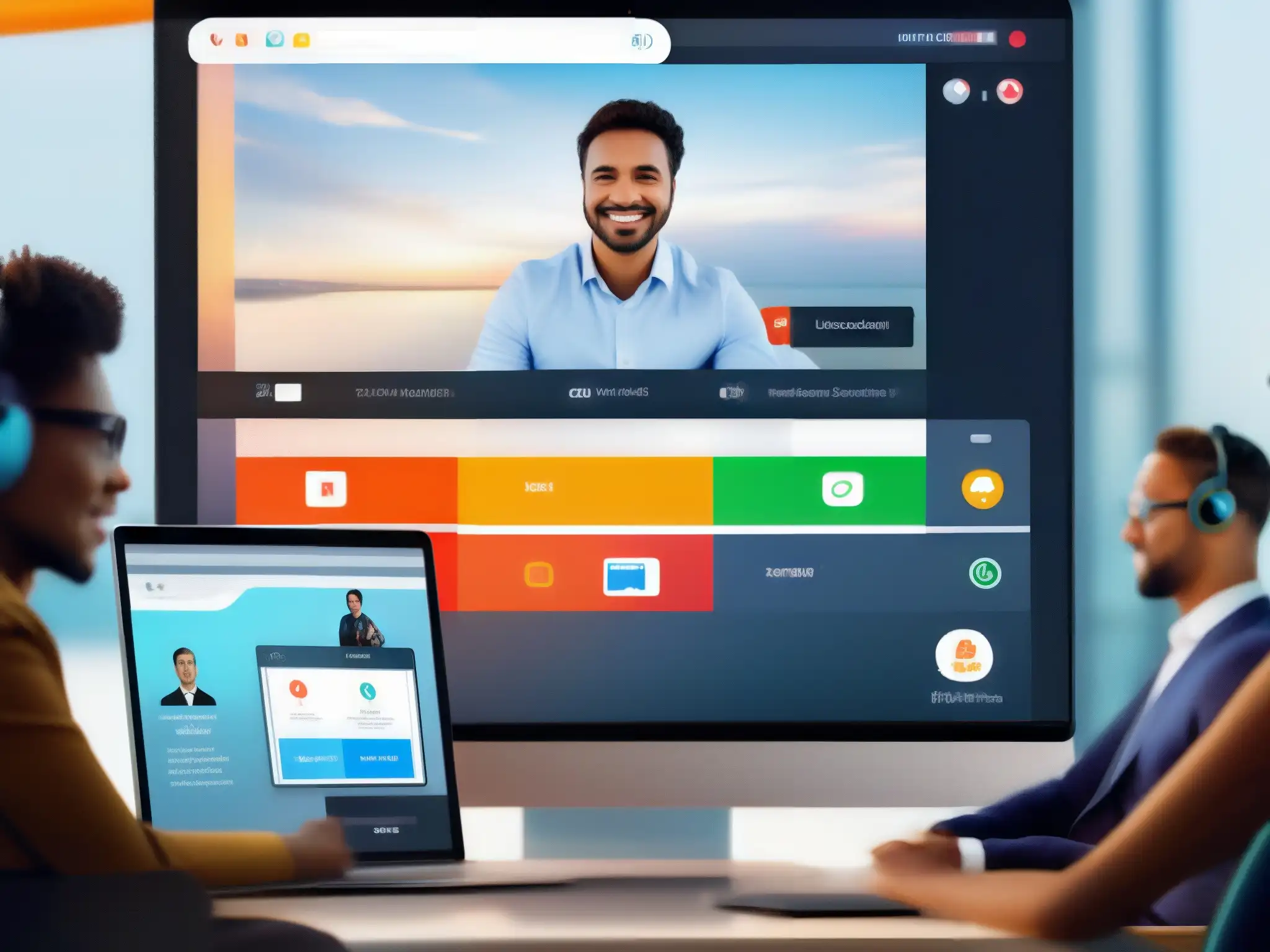 Interfaz de videoconferencia moderna y eficiente Interfaz de videoconferencia moderna con iconos intuitivos para mute, cámara, pantalla y control de participantes, en un dispositivo contemporáneo