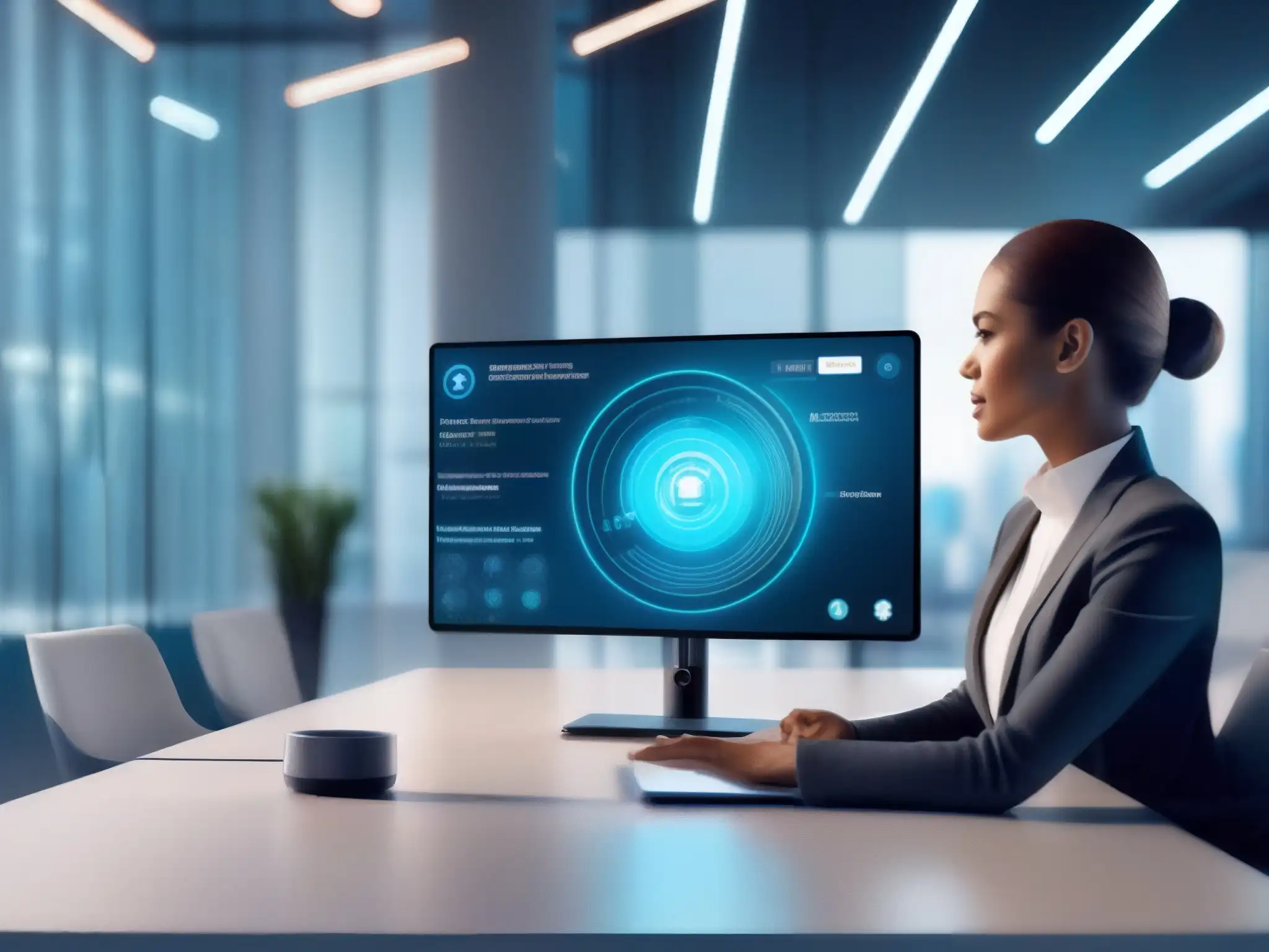 Interfaz de videoconferencia futurista con asistente virtual AI Interfaz de videoconferencia moderna con integración de IA en un entorno de oficina futurista