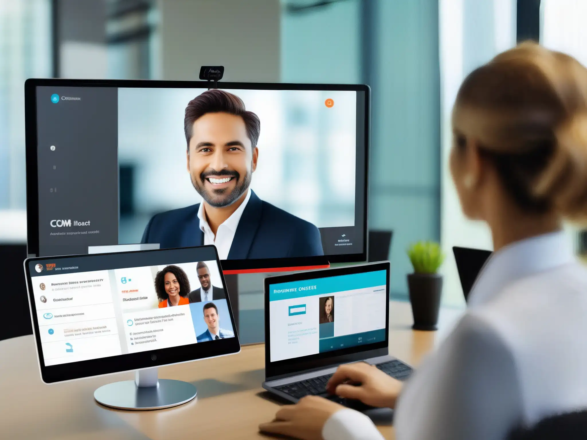 Interfaz de videoconferencia integrada con CRM: eficiencia moderna Una interfaz de videoconferencia moderna integrada con un CRM, mostrando una integración ágil y eficiente