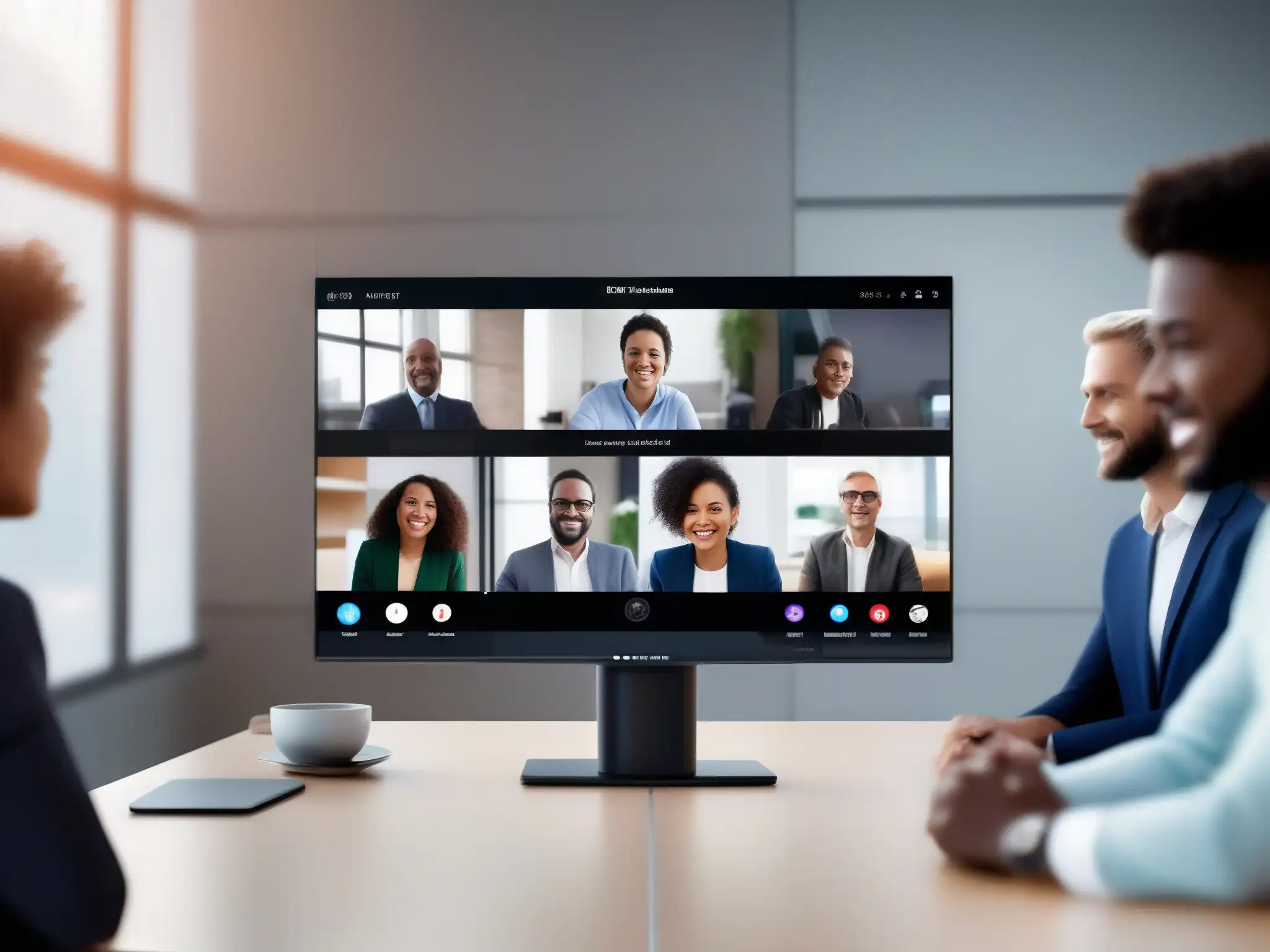Interfaz de videoconferencia avanzada con moderación AI Interfaz de videoconferencia moderna con inteligencia artificial para moderación de contenido, transmitiendo profesionalismo y eficiencia