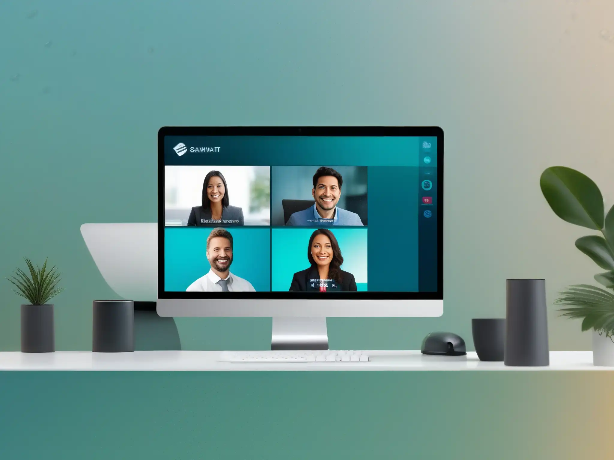 Videoconferencia personalizable con logo corporativo Interfaz de videoconferencia moderna y personalizable con profesionales en reunión virtual