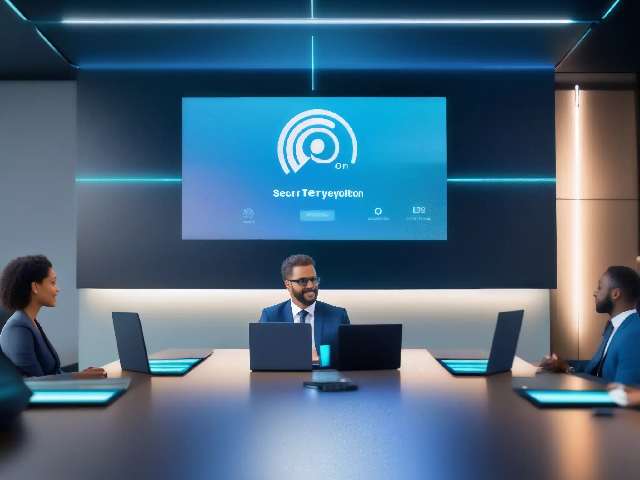 Interfaz de videoconferencia ultramoderna con seguridad end-to-end Interfaz de videoconferencia moderna y segura con simbolo de encriptación, profesionalismo y sofisticación tecnológica