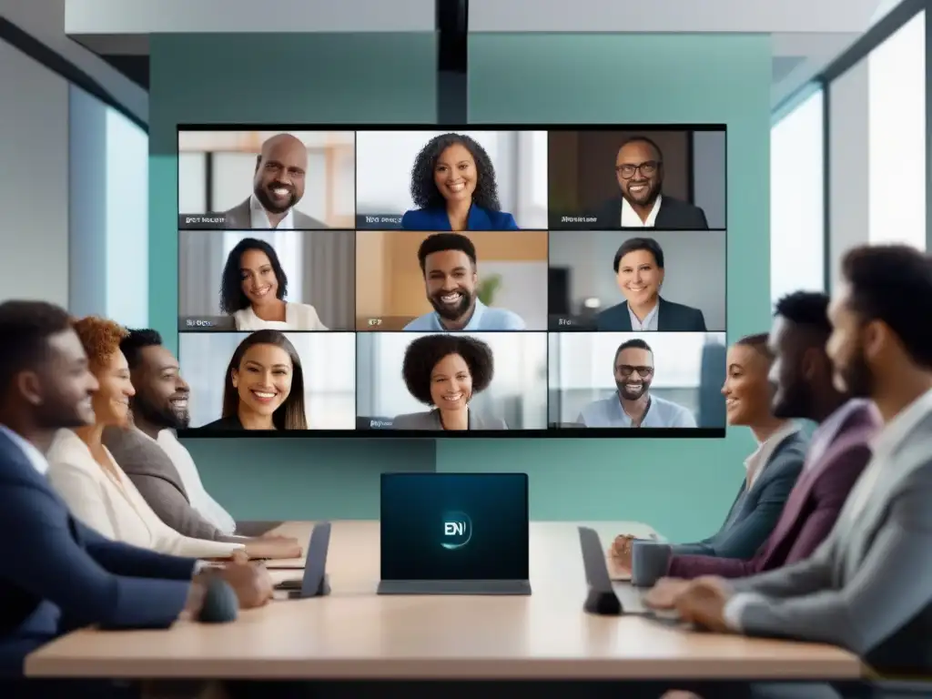 Videoconferencias Profesionales: Conexiones Virtuales de Alto Nivel Interfaz de videoconferencia moderna y sofisticada con participantes diversos