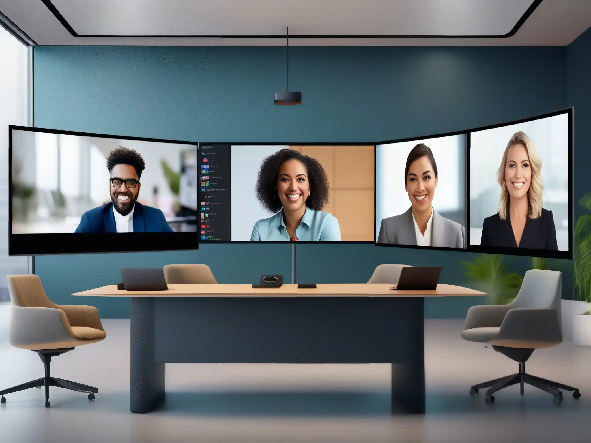 Interfaz de videoconferencia profesional en 8k Una interfaz de videoconferencia 8k con múltiples participantes en un ambiente profesional