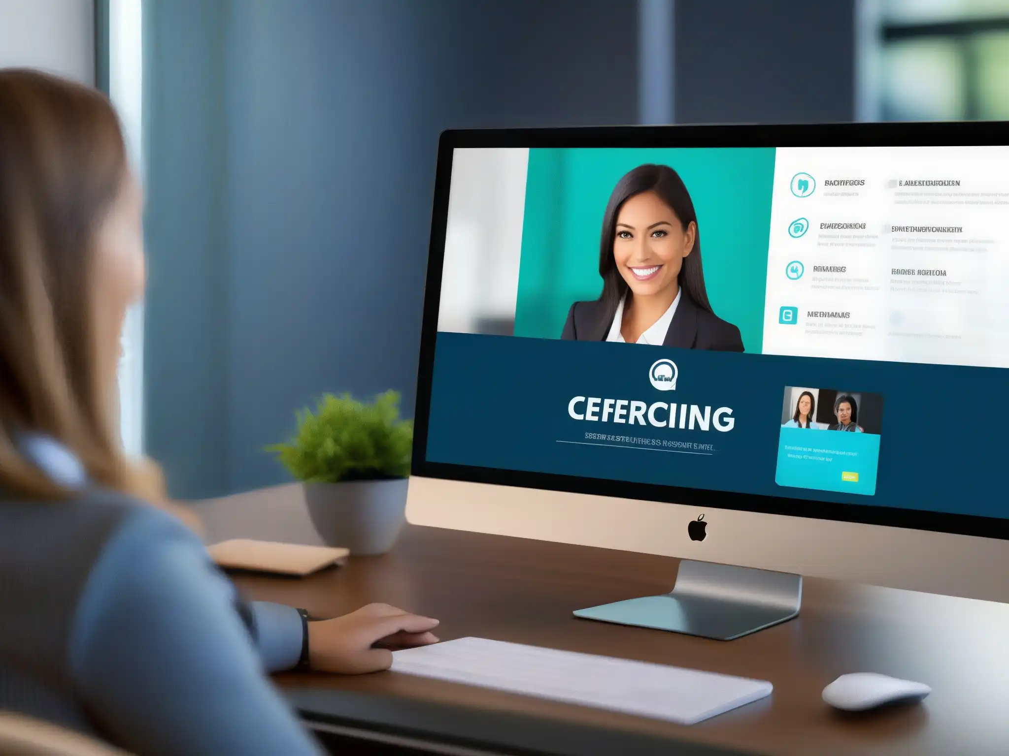 Interfaz de videoconferencia personalizable para uso profesional y educativo Una interfaz de videoconferencia personalizable y elegante con elementos de marca, perfecta para servicios de videoconferencia personalizados