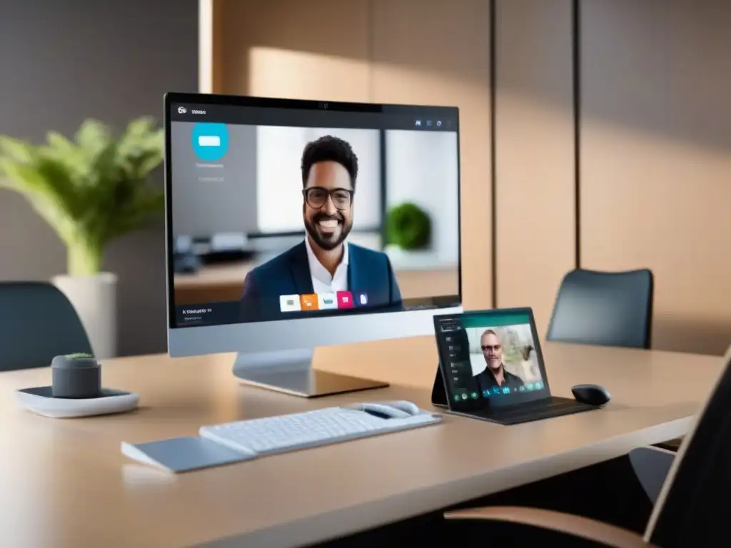Interfaz de videoconferencia personalizable y elegante Una interfaz de videoconferencia personalizable y moderna en un entorno profesional con herramientas de personalización