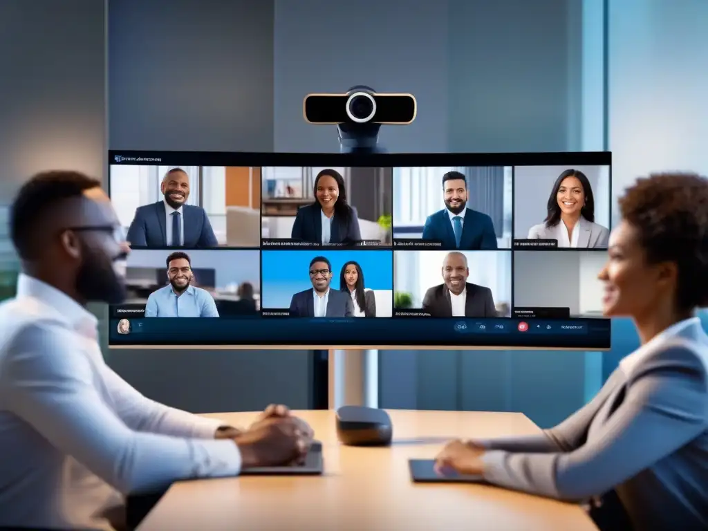 Conferencia virtual profesional y segura con múltiples participantes Interfaz de videoconferencia profesional con seguridad de datos en ambiente de oficina moderno y cálido