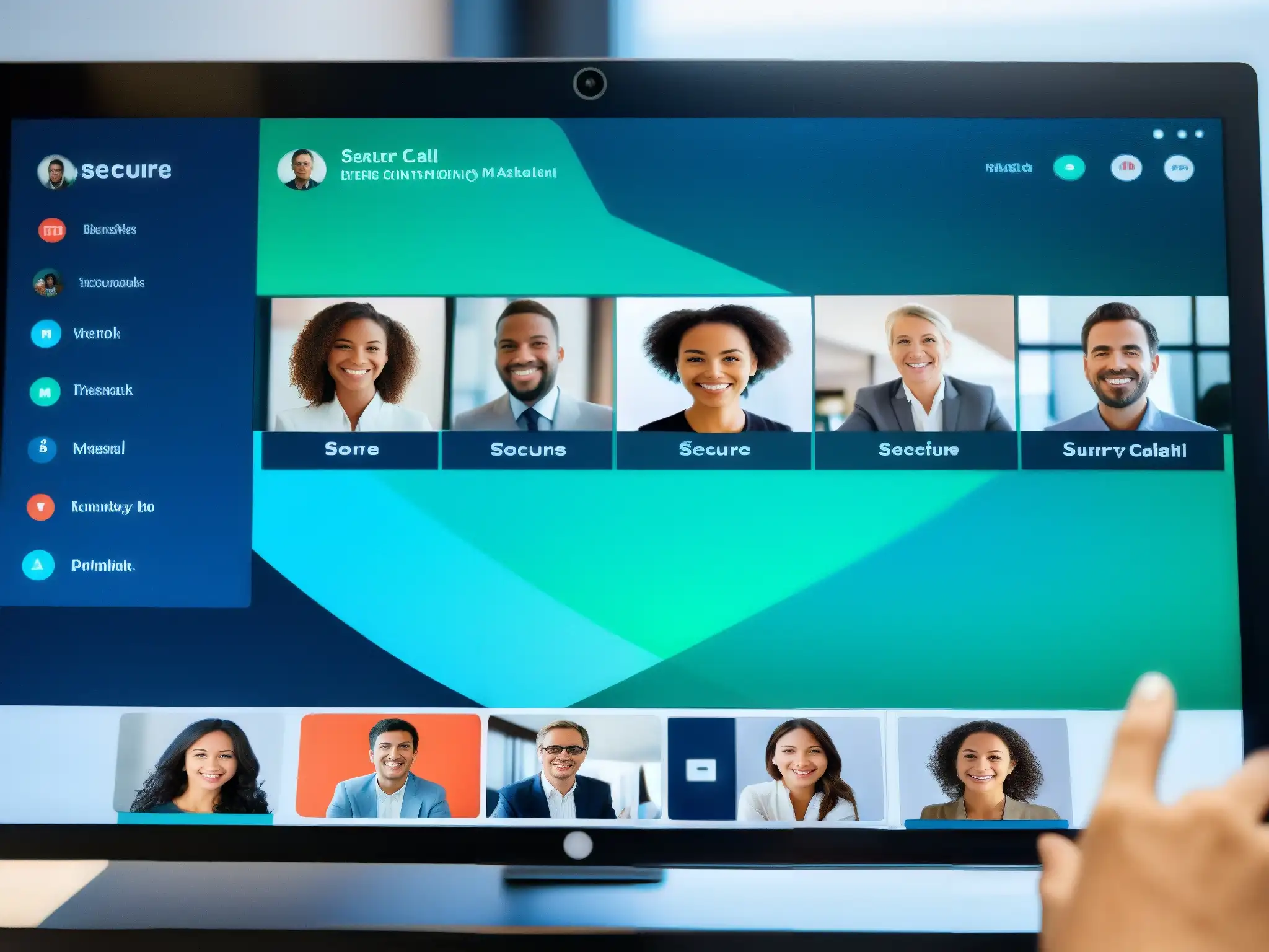 Videoconferencia Segura: Futurista y Privada Interfaz de videoconferencia segura con encriptación de extremo a extremo y diseño moderno