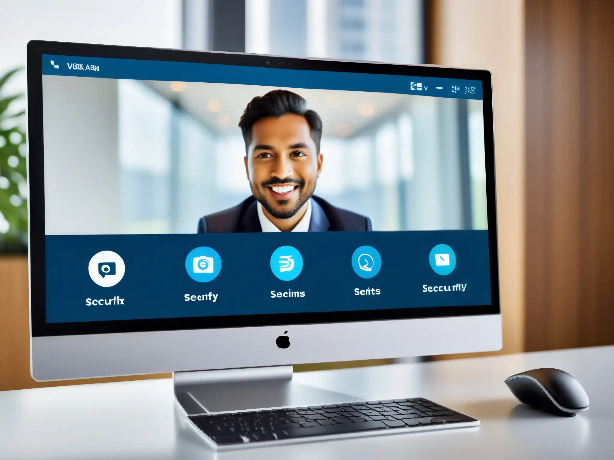 Interfaz de videoconferencia ultradetallada y personalizable Una interfaz de videoconferencia ultramoderna y personalizable para sectores, con iconos nítidos y opciones de seguridad