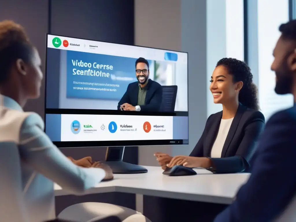 Interfaz de videoconferencia futurista y accesible Interfaz de videoconferencias accesibles para discapacitados con tecnología futurista y diseño inclusivo en un entorno profesional