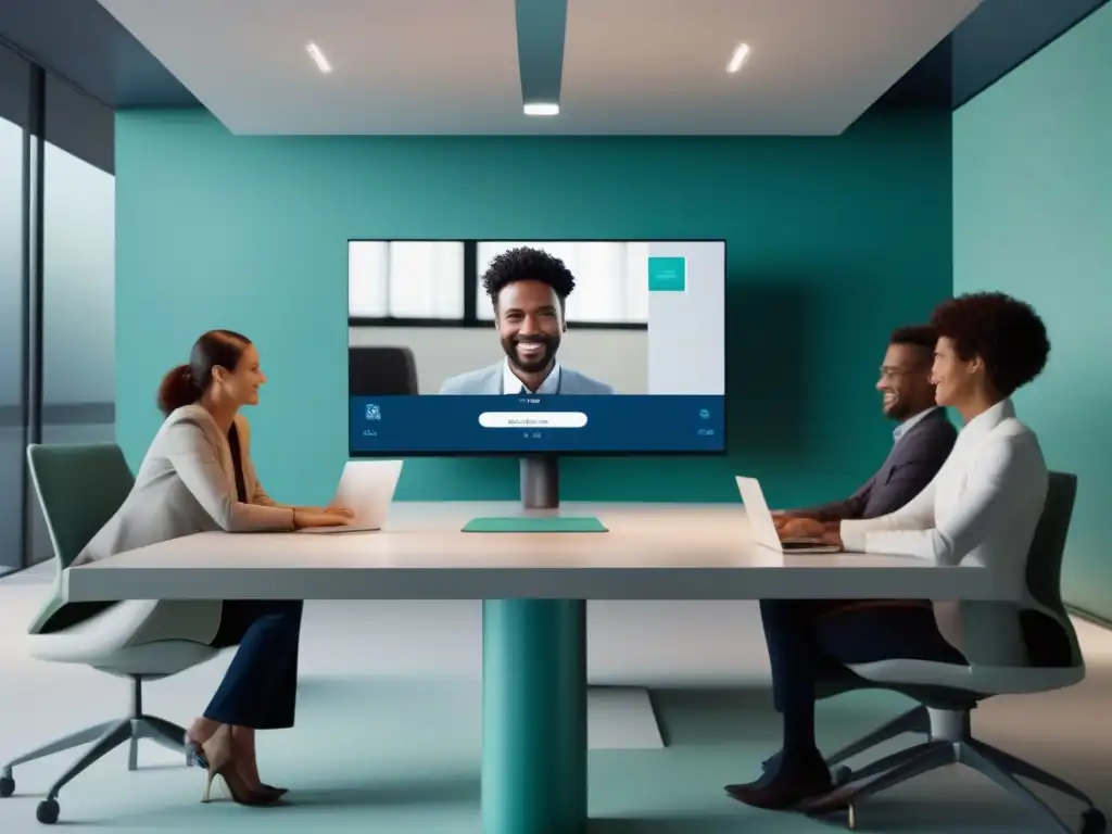 Interfaz de videoconferencia futurista y minimalista con alta resolución Interfaz de videoconferencias futurista con diseño minimalista y vibrantes visuales de alta resolución
