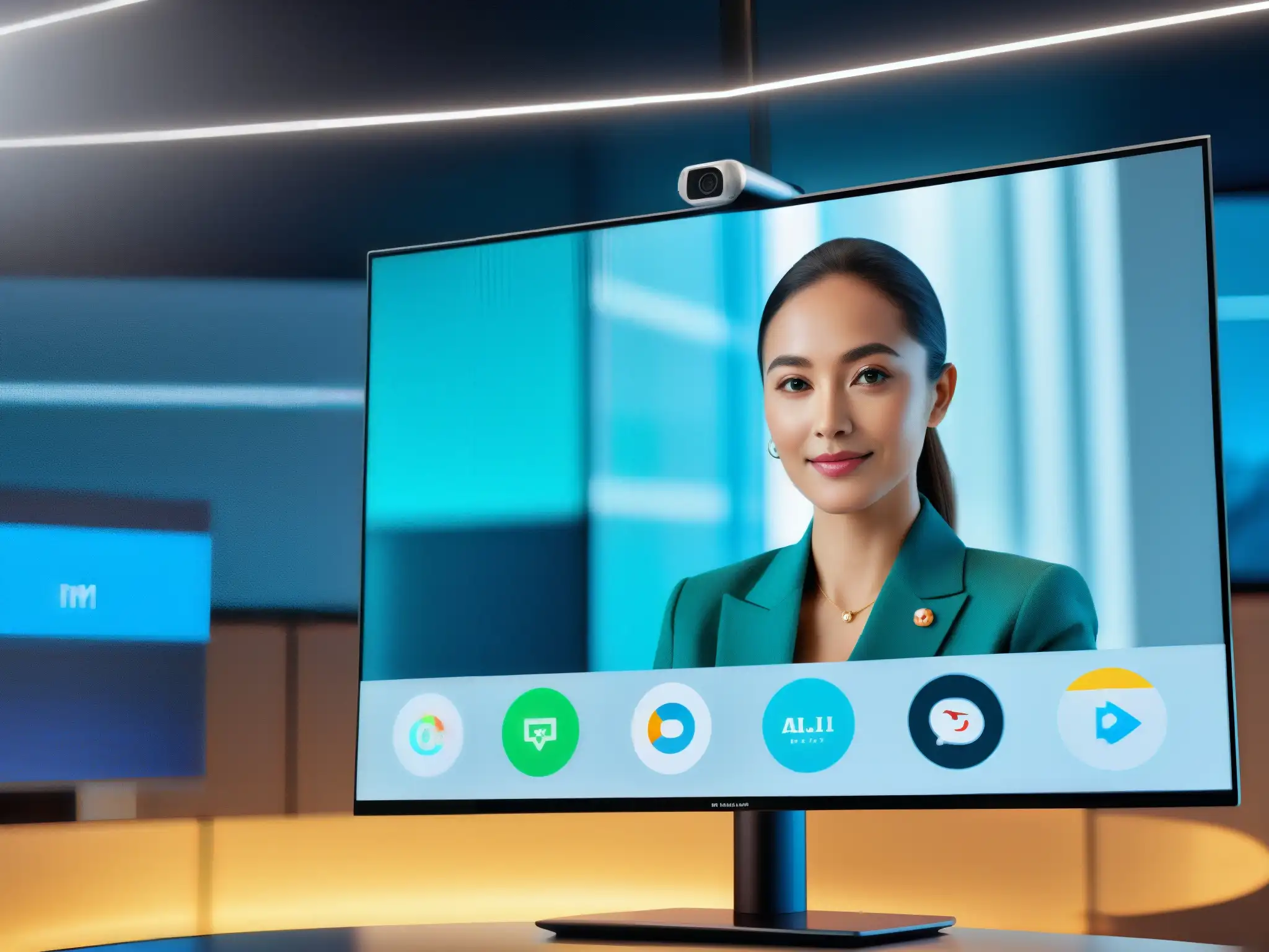 Interfaz de videoconferencia futurista en holograma 8k Interfaz de videoconferencias 2023: pantalla holográfica futurista con IA, traducción en tiempo real y herramientas de colaboración virtual