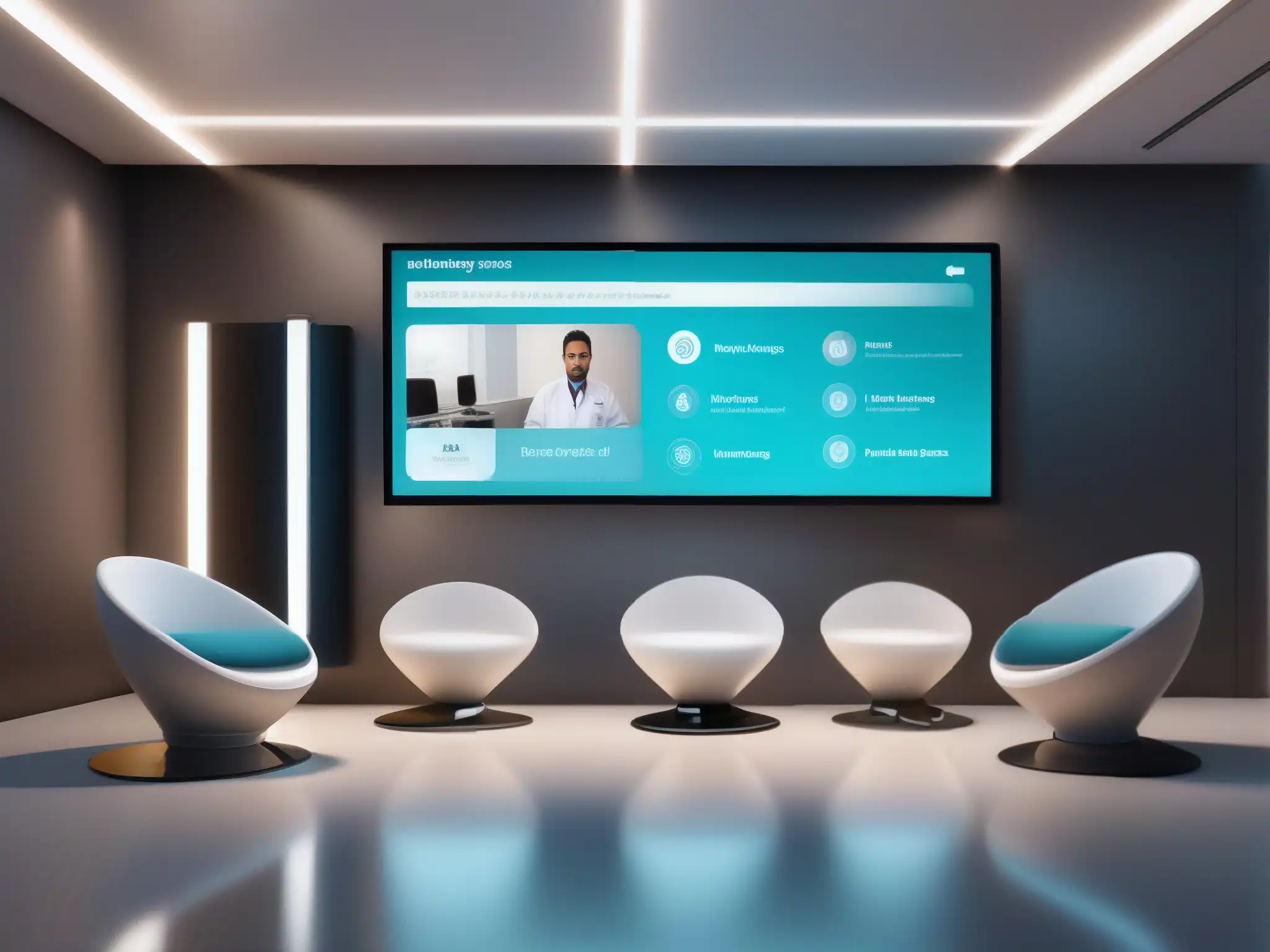 Interfaz virtual de sala de espera con protocolos de seguridad Interfaz virtual de sala de espera con protocolos seguridad salas espera virtuales en entorno médico educativo futurista y tranquilizador