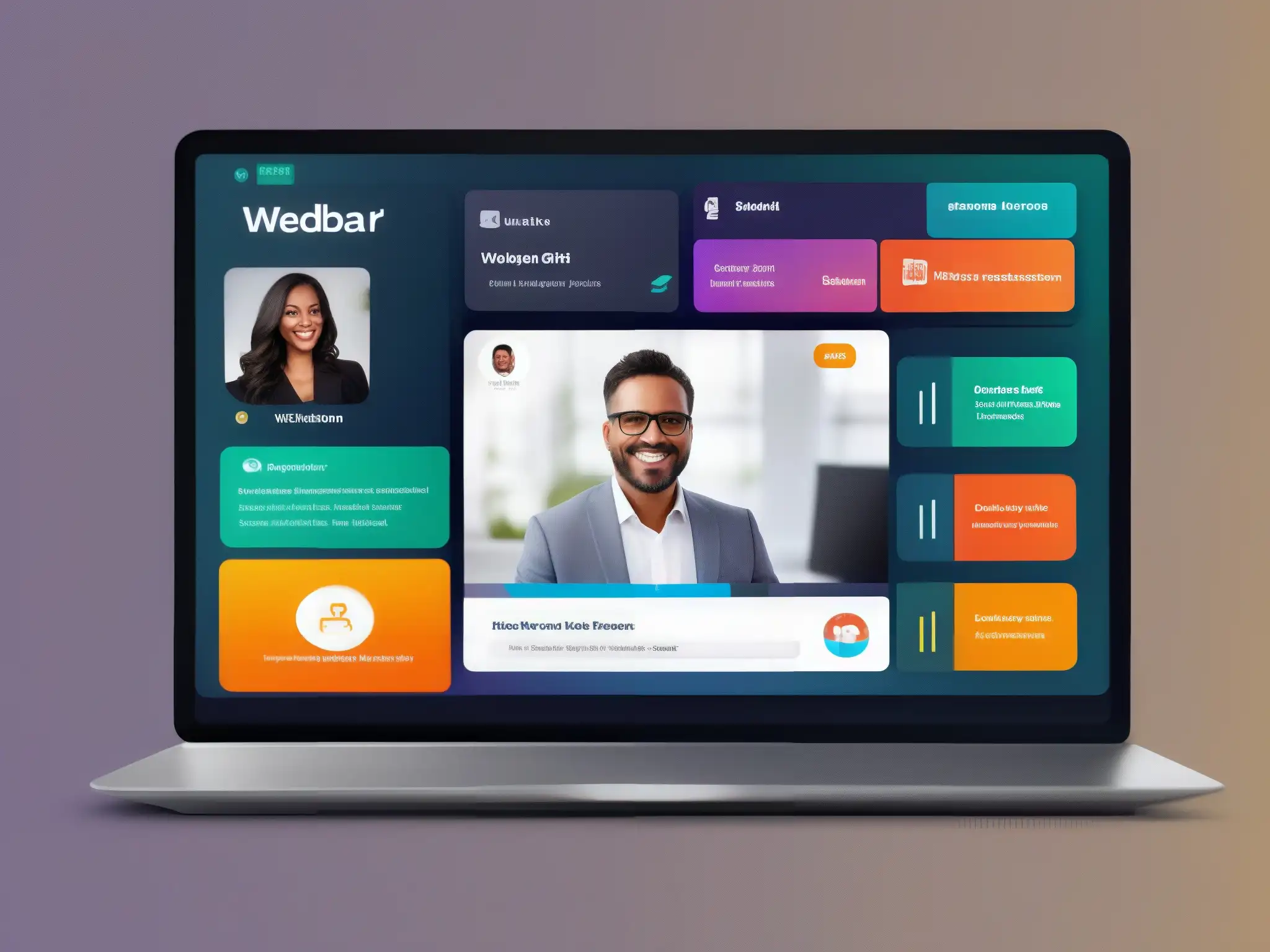 Plataforma de Webinar Virtual: Interactiva y Profesional Interfaz de webinar virtual con participación y feedback, diseño moderno, colores vibrantes y herramientas interactivas