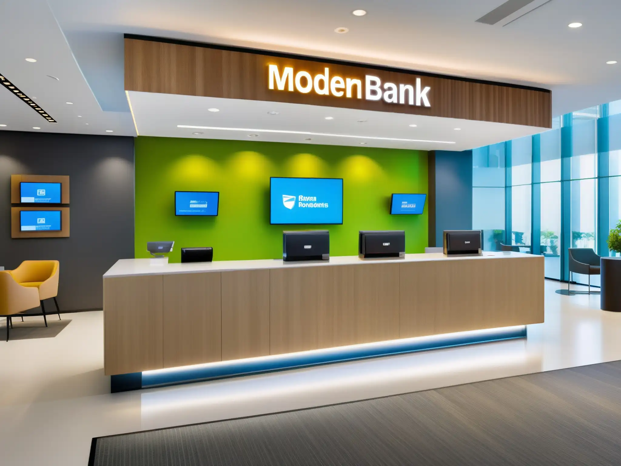 Interior bancario moderno: atención al cliente personalizada y eficiente Interior bancario moderno con diseño minimalista, atención al cliente y servicios financieros, bañado en luz natural
