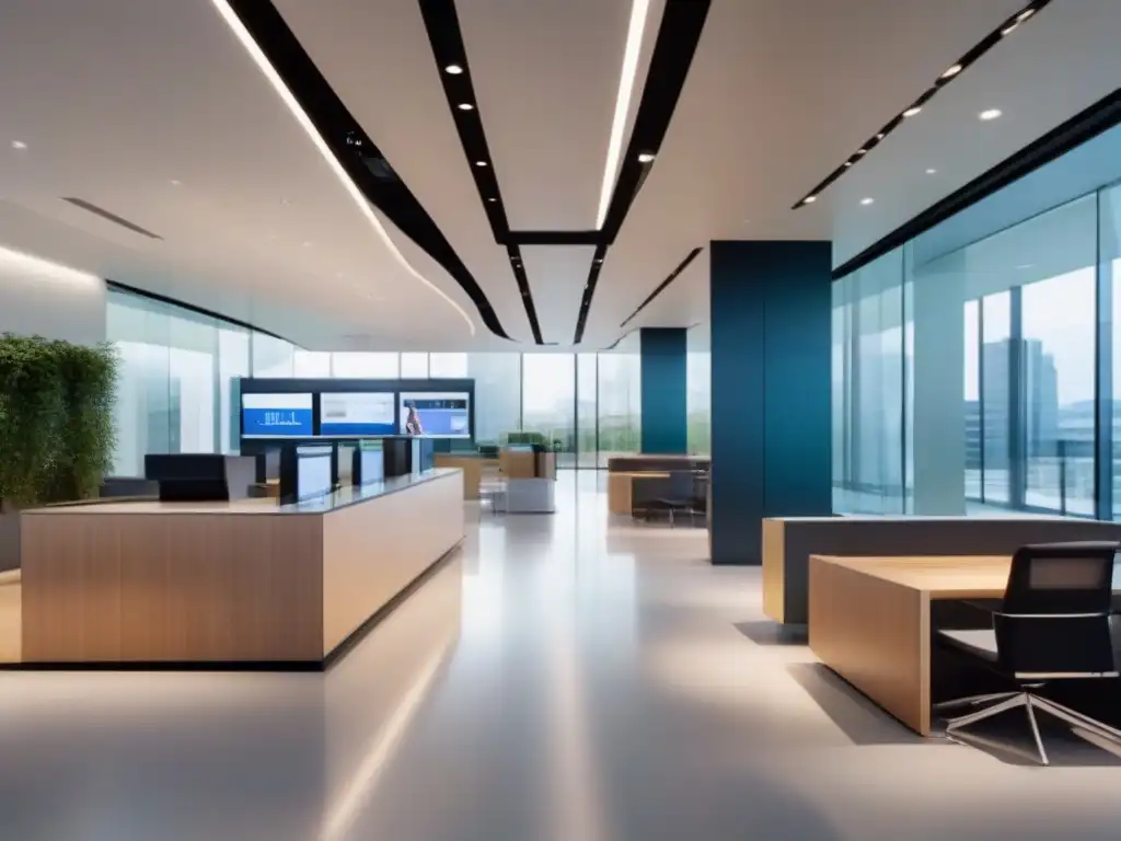 Banca moderna: espacio luminoso y digital Interior bancario moderno con videoconferencia en el sector financiero, tecnología y diseño minimalista