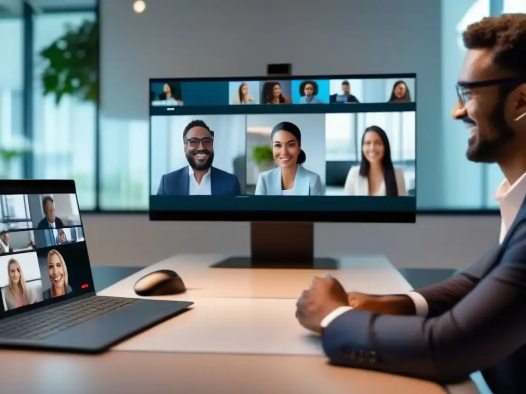 Videoconferencia profesional en 8k con interoperabilidad perfecta Interoperabilidad entre herramientas videoconferencia: Imagen en 8k de una videoconferencia fluida y profesional entre dos personas en un ambiente contemporáneo