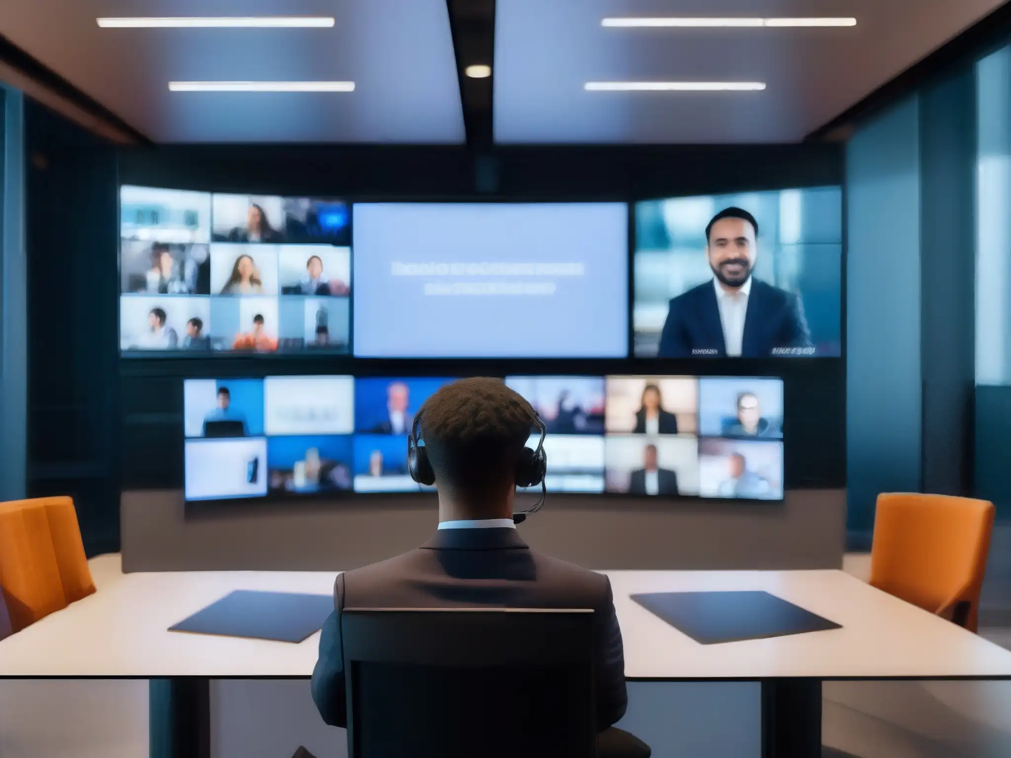 Intérprete profesional en videoconferencia multilingüe Un intérprete profesional en una videoconferencia de alta tecnología, gestionando la traducción simultánea con confianza y determinación