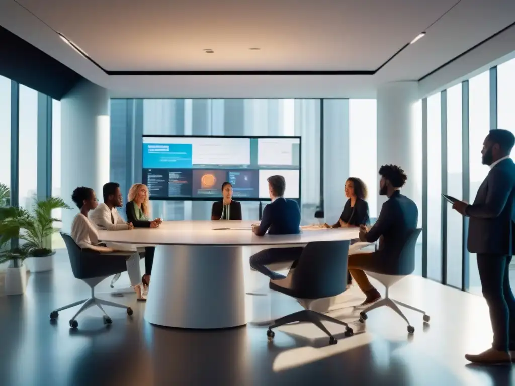 Jóvenes emprendedores en una reunión dinámica con GoToMeeting Jóvenes emprendedores en una oficina moderna, debatiendo ideas alrededor de una mesa futurista