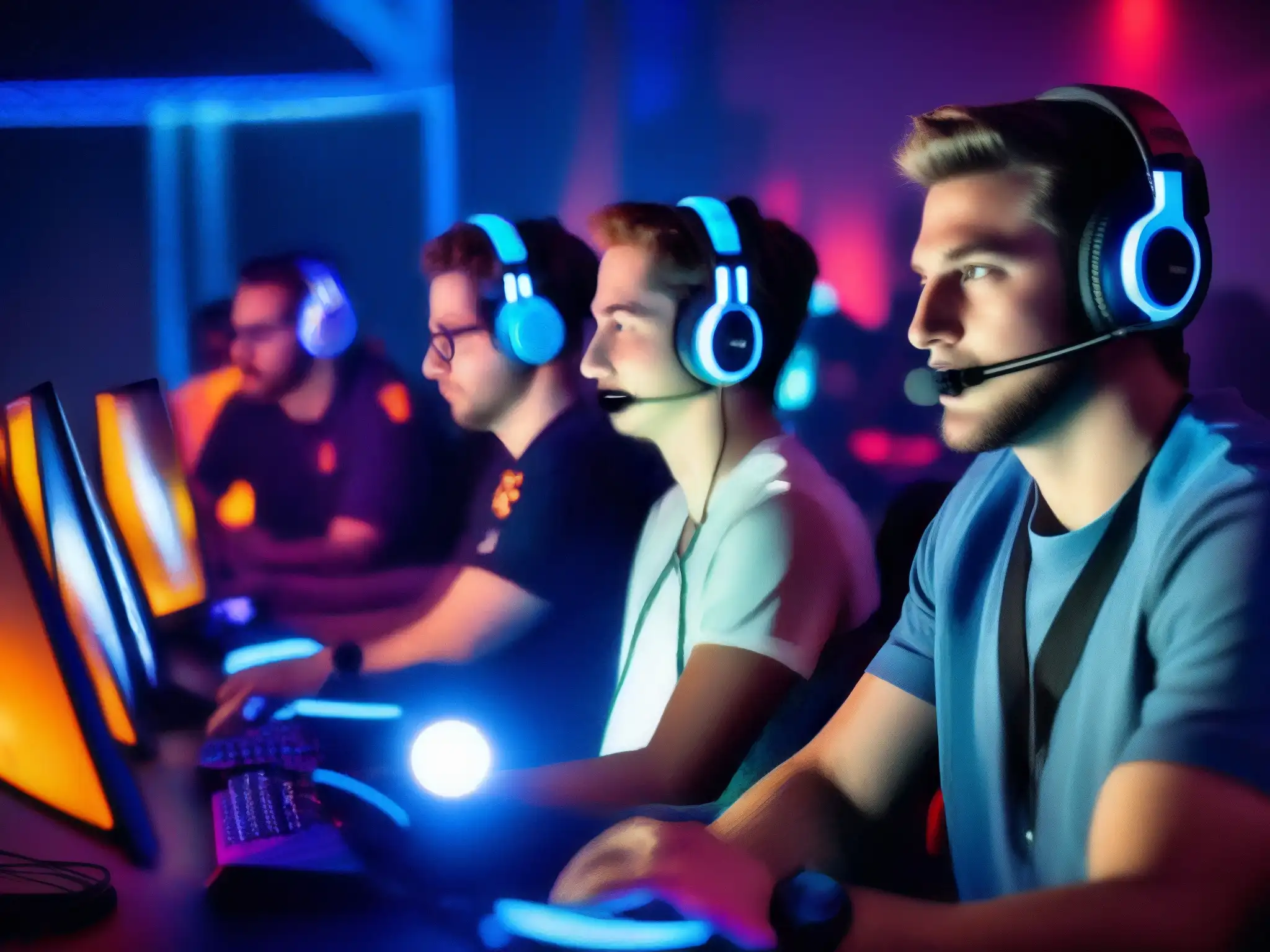 Torneo de juegos virtuales: emoción y estrategia en acción Jugadores compitiendo en torneo virtual, iluminados por pantallas de computadora en una habitación tenue