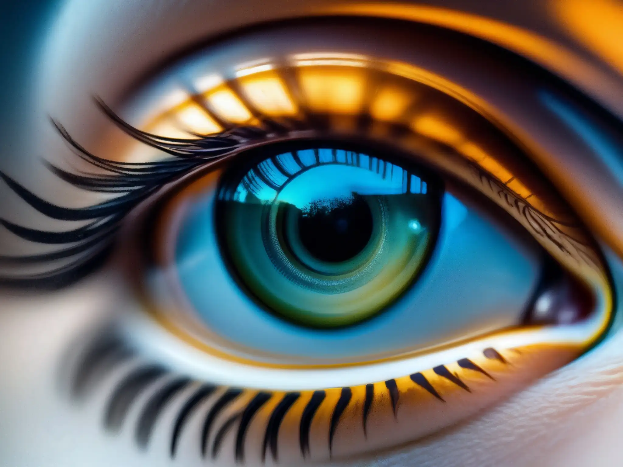 Reflejo de ojo en webcam: privacidad y seguridad en videoconferencias La lente de la cámara web captura el reflejo del ojo en una videoconferencia, resaltando la privacidad