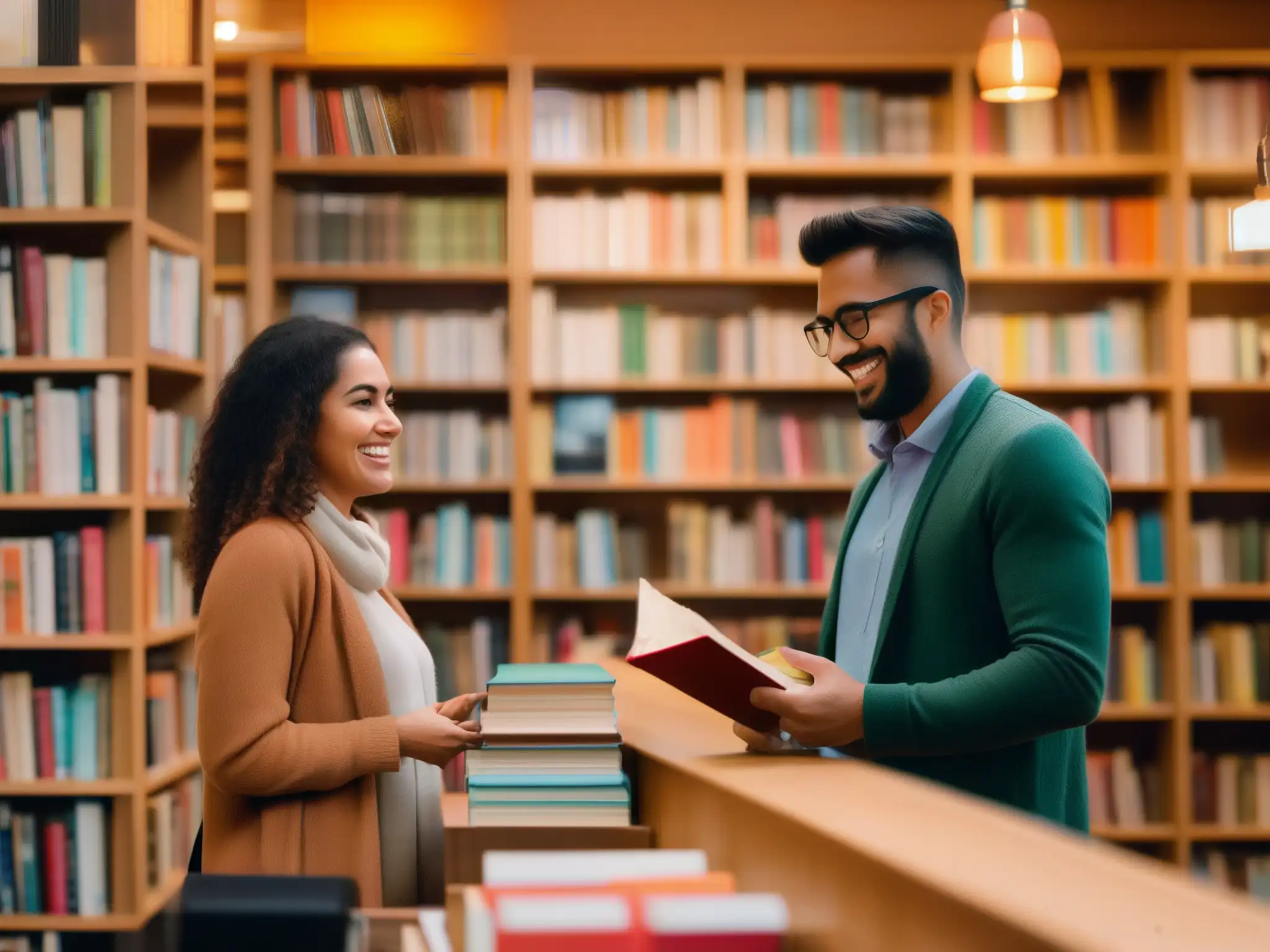 Librería acogedora: libros, WhatsApp y emoción Librería acogedora con libros coloridos, vendedor en video llamada por WhatsApp, ambiente íntimo y moderna efectividad en negocios locales