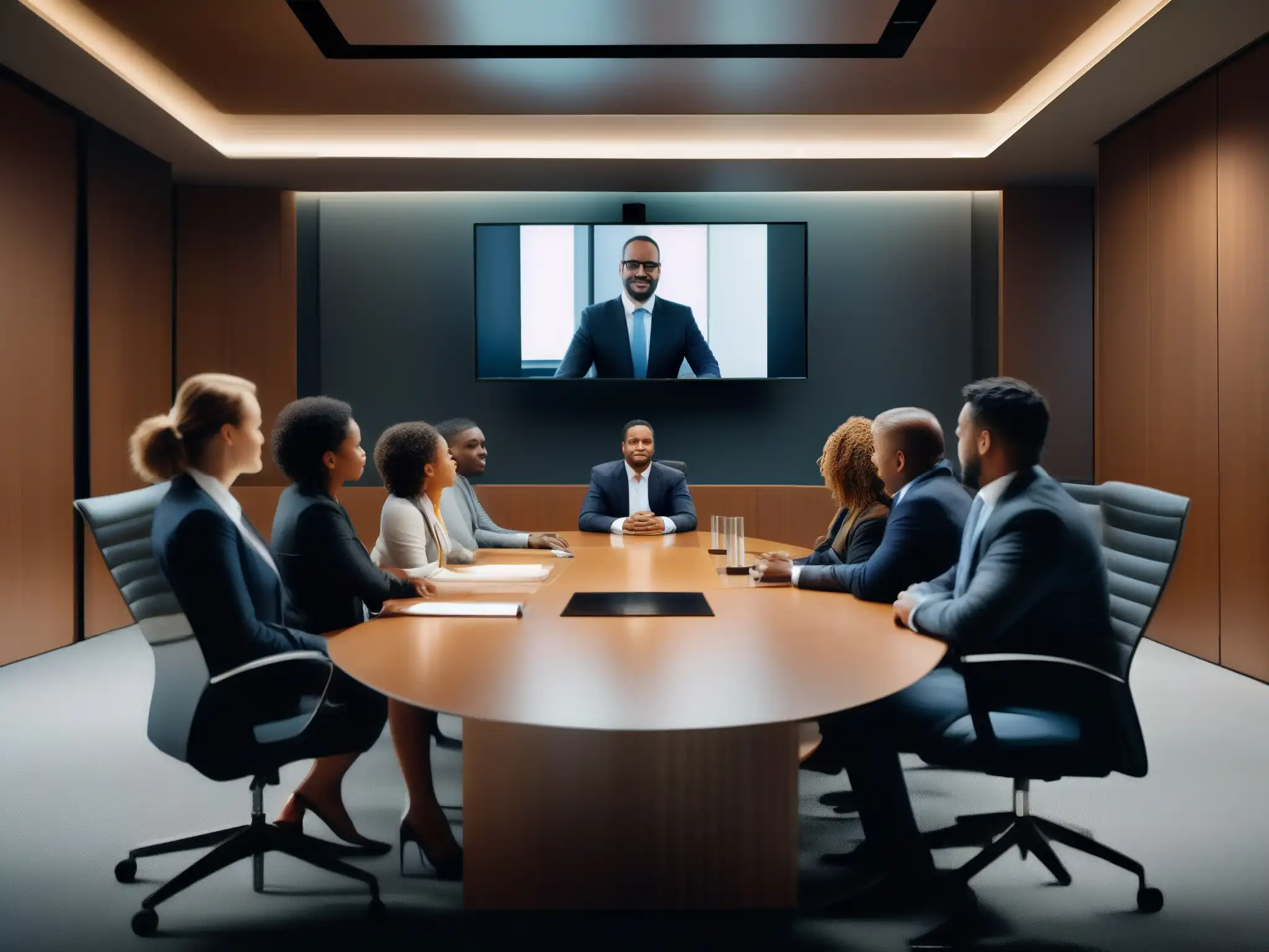 Conferencia virtual: líder ejecutivo resuelve conflictos con maestría Un líder ejecutivo maneja estrategias de manejo de conflictos en videoconferencias con confianza y profesionalismo