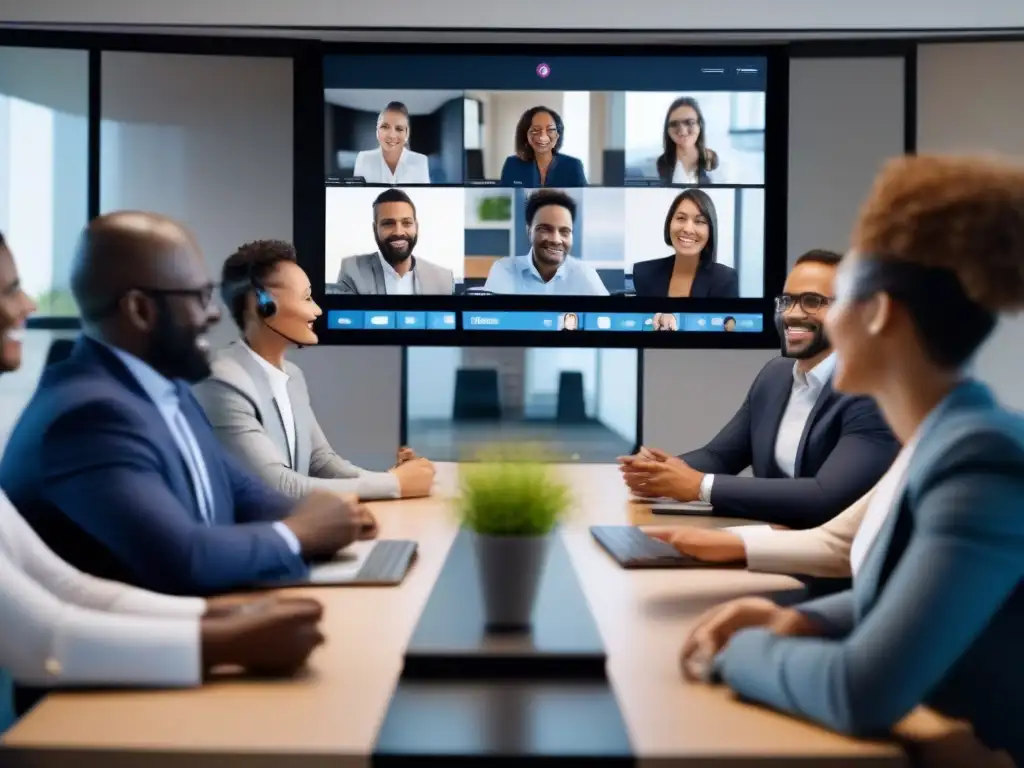 Líder confiado en videoconferencia: colaboración profesional y dinámica El líder inspirador guía a su equipo con las mejores estrategias en videoconferencias, creando un ambiente de confianza y colaboración