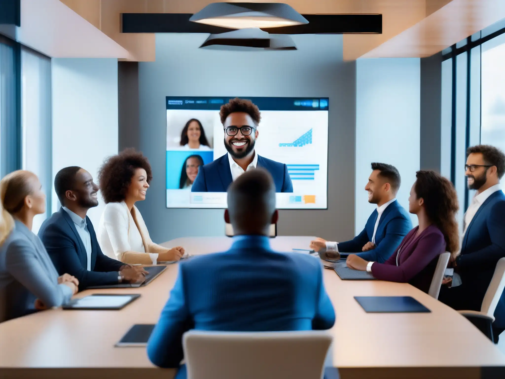 Conferencia virtual líder: eficaz colaboración remota Un líder profesional dirige una videoconferencia con un equipo diverso, mostrando confianza y compromiso