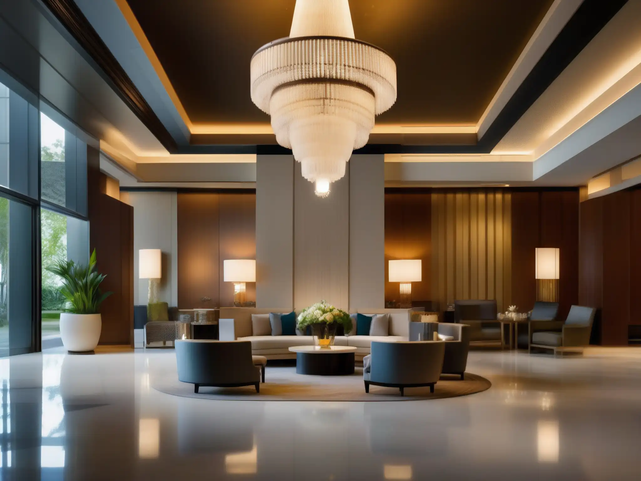 Lujoso lobby de hotel con diseño moderno y animado Un lobby de hotel lujoso con diseño moderno y un impacto de Lifesize en hotelería, lleno de elegancia y actividad