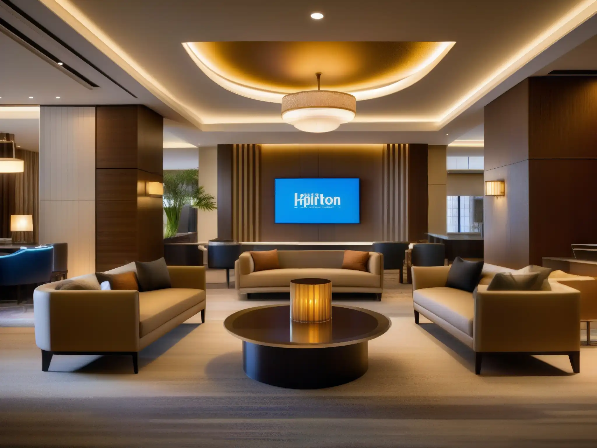 Modernidad y eficiencia en el lobby del Hilton con tecnología Lifesize Un lobby lujoso del hotel Hilton con moderna decoración, iluminación cálida, áreas de descanso y un sistema de videoconferencias Lifesize