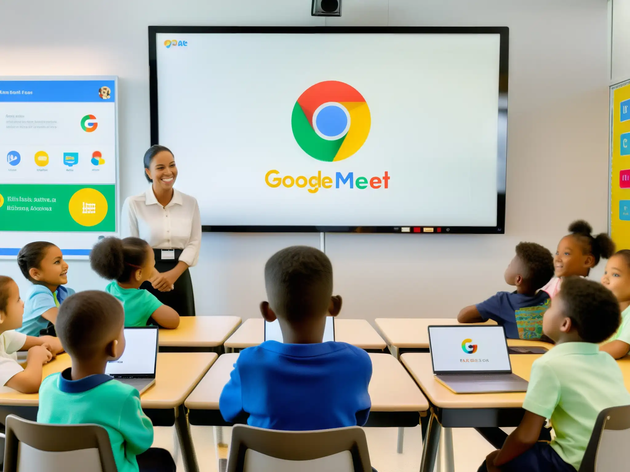 Clase interactiva en Google Meet: Educación primaria conectada Maestra y alumnos participan en una clase en Google Meet, mostrando las ventajas y desafíos de la plataforma en educación primaria