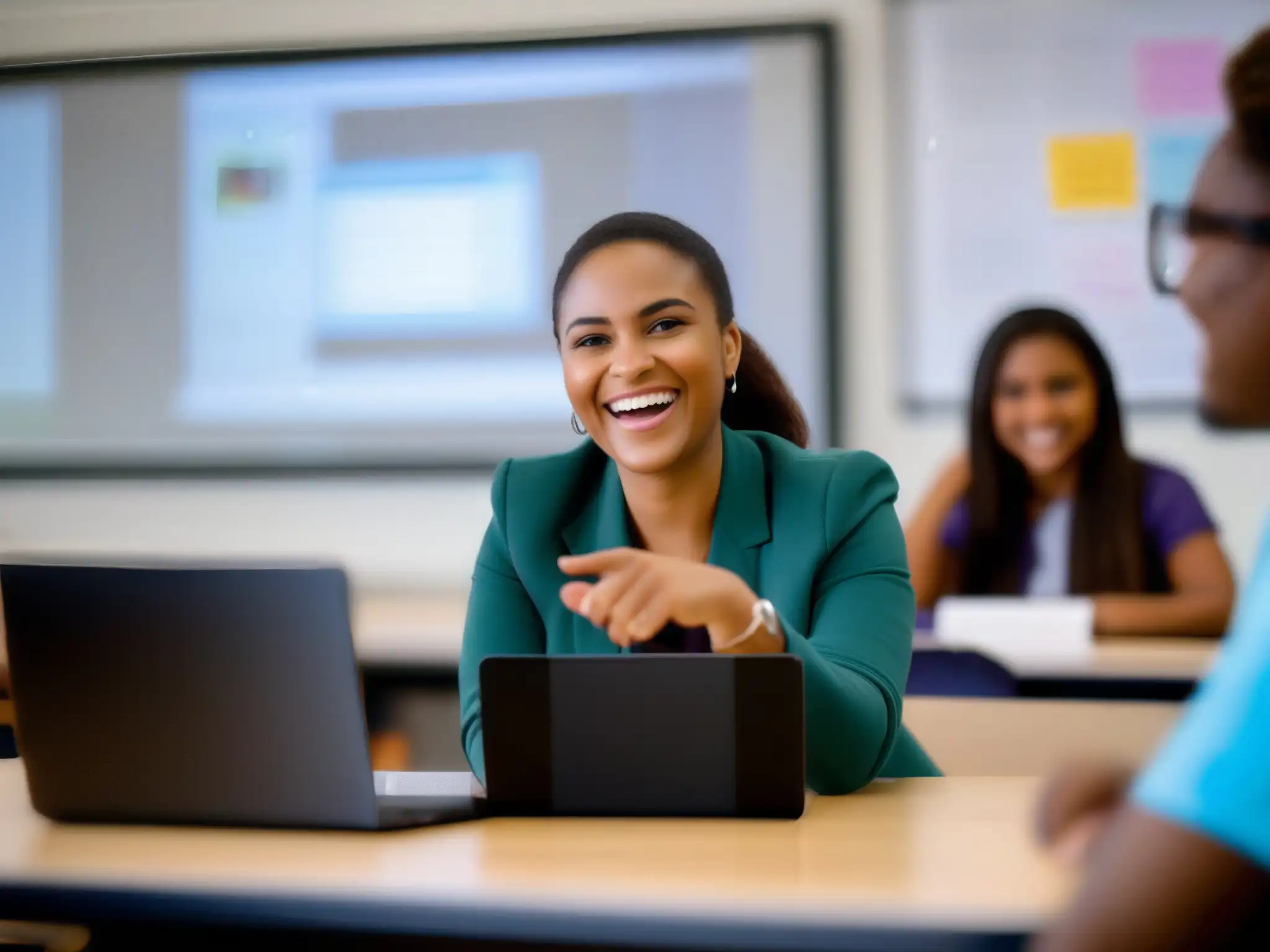 Maestra entusiasta en clase remota por Skype